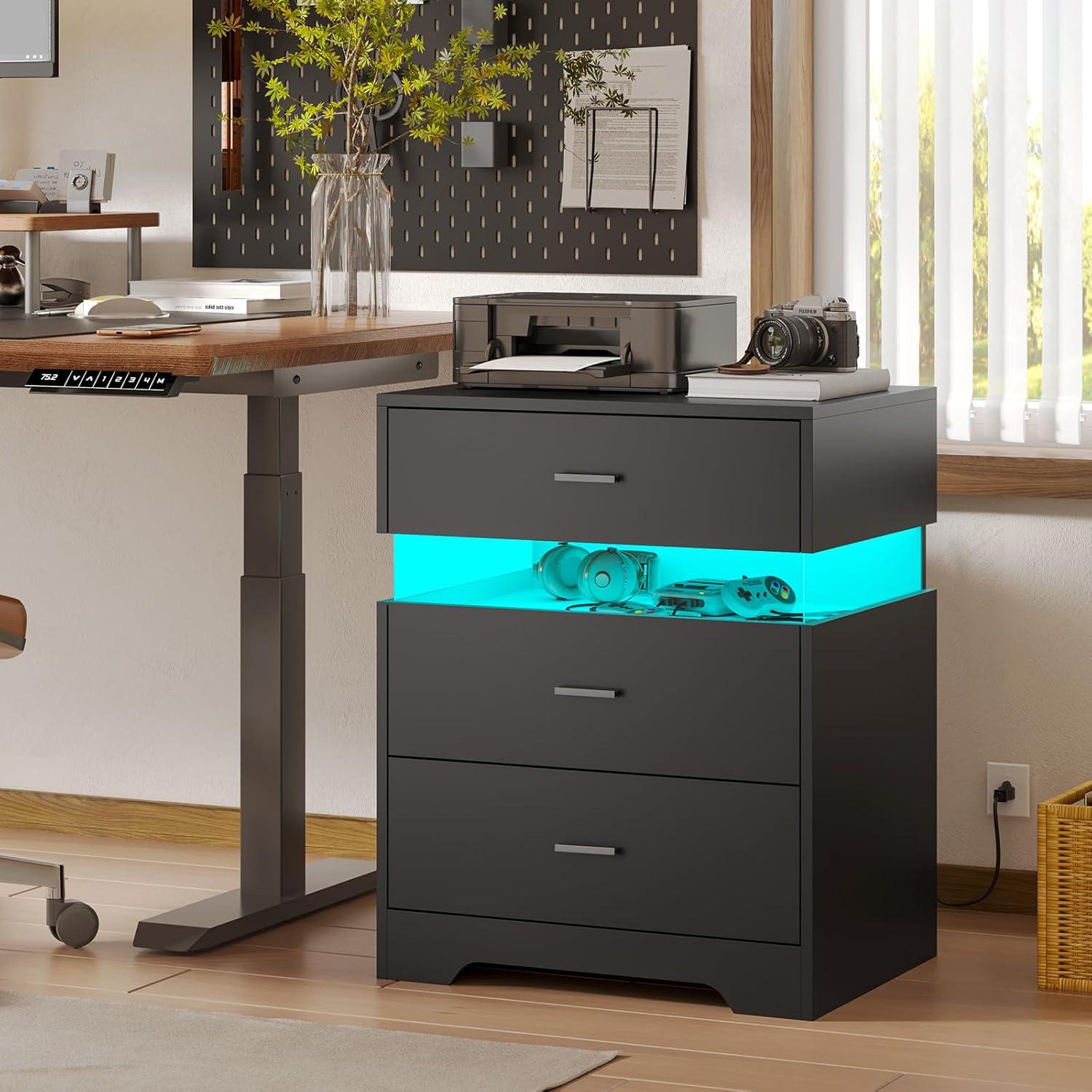 Nightstand with Acrylic LED Light, End Side Table with Charging Station and 3 Drawers, Bedside Table for Bedroom, Black