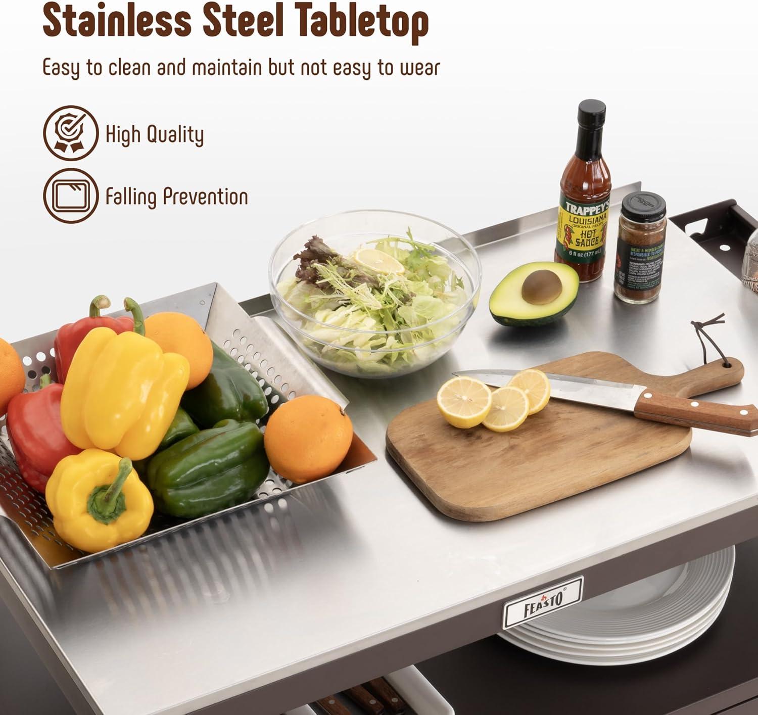 Feasto Feasto Outdoor Grill Cart with Stainless Steel Tabletop and Storage Cabinet, Movable Kitchen Island with Wheels for BBQ Food Prep