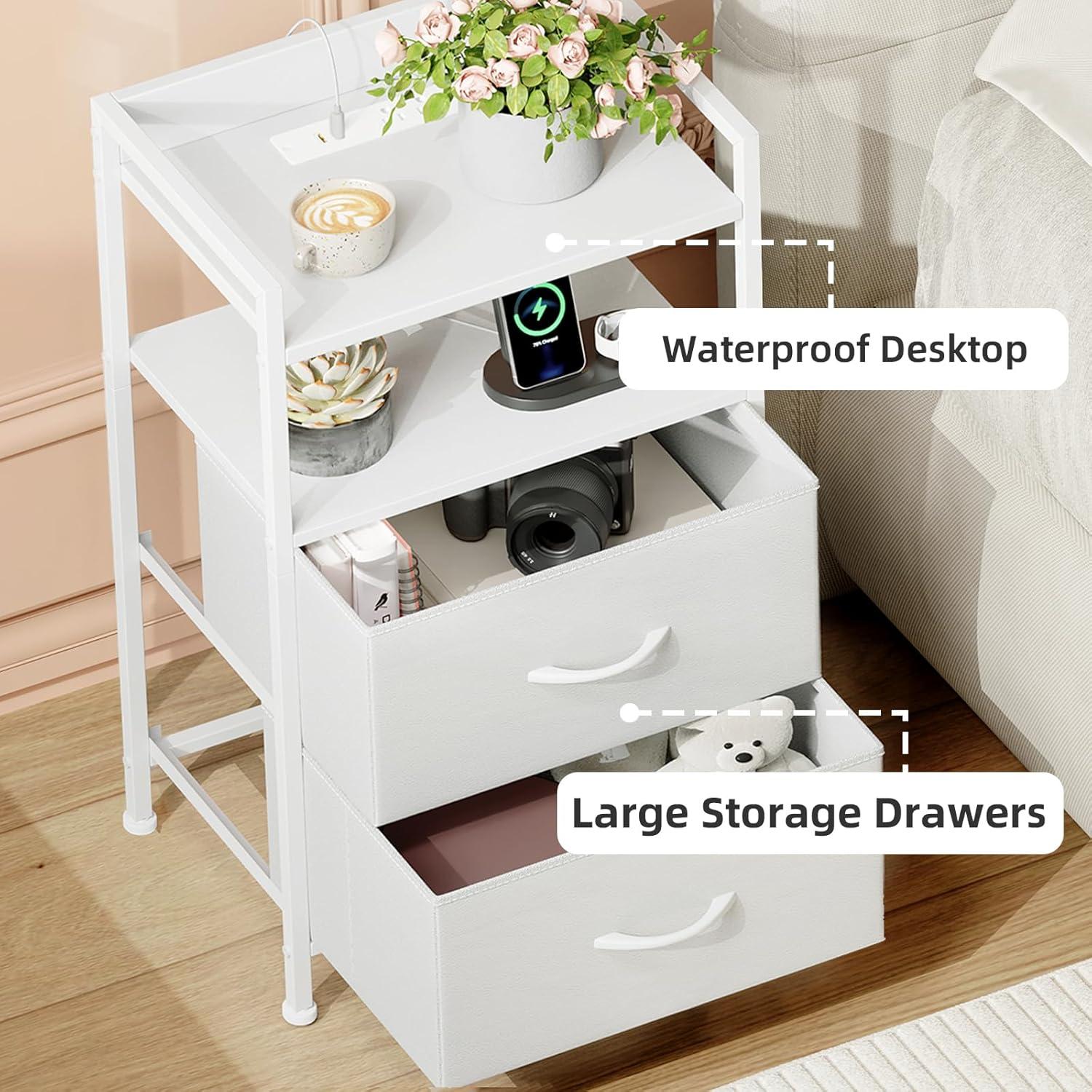 Eunos White Tall Nightstand with Charging Station, 5 Fabric Drawer Dresser for Bedroom with LED and Handle