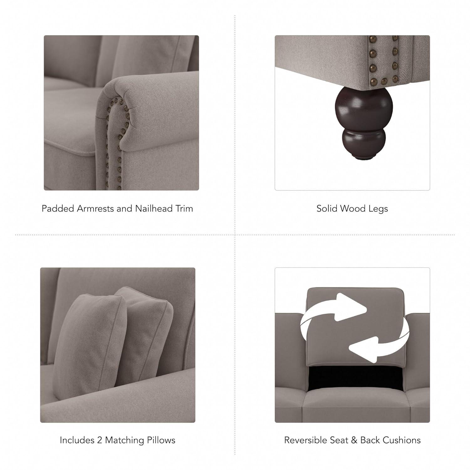 Bush Furniture 73 Inch Living Room Sofa, Pet-Friendly Couch with Fabric Upholstery and Nailhead Trim, Traditional, Coventry Collection, Beige Herringbone