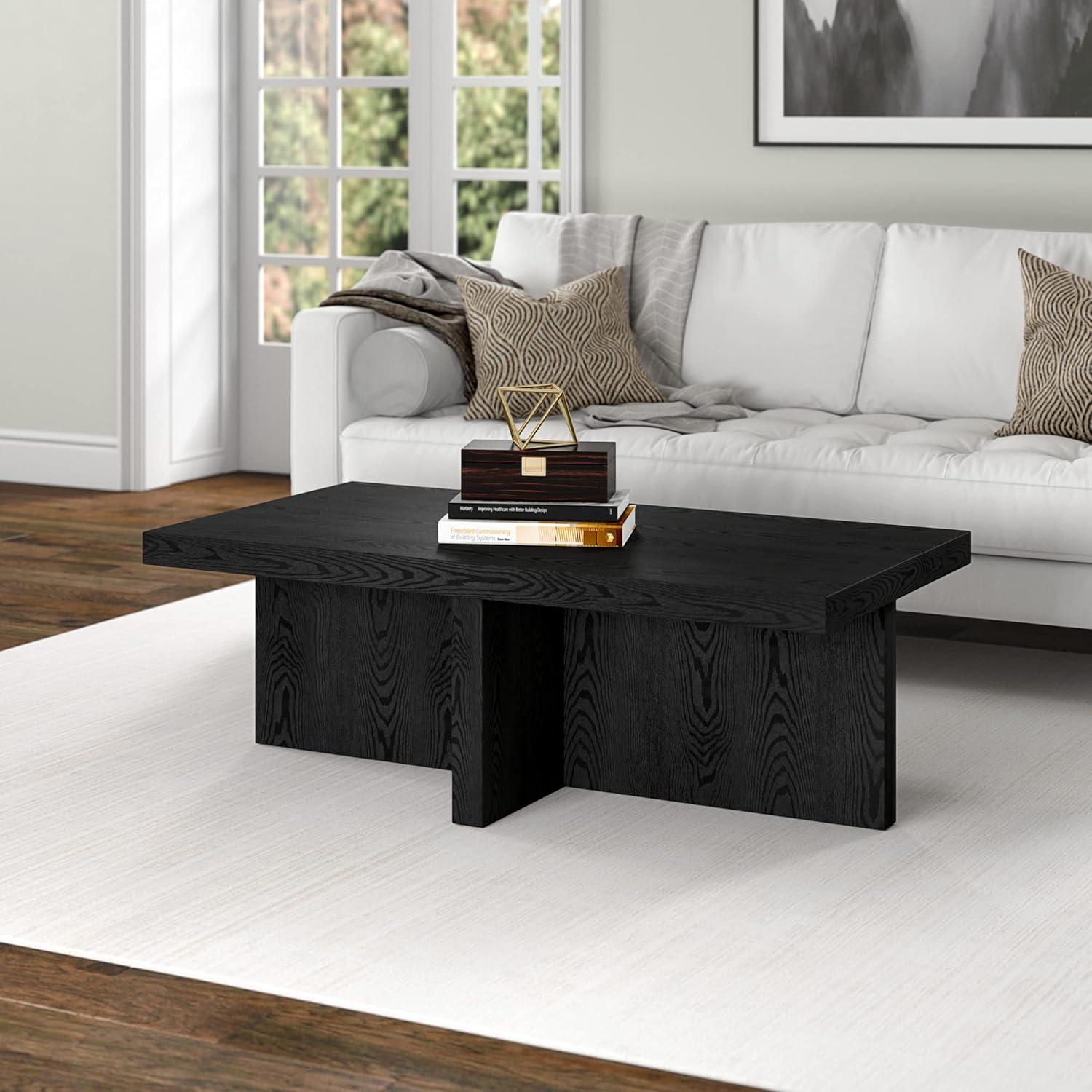 Evelyn and Zoe Elna Contemporary Wide Rectangular Wood Coffee Table, Black Grain