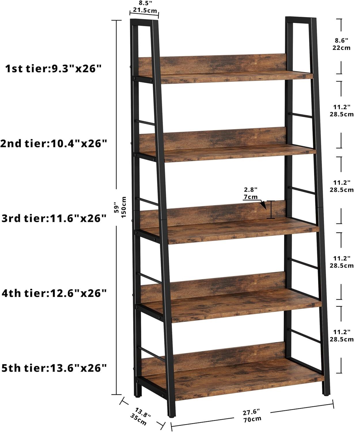 Industrial Bookshelves and Bookcases  Ladder Shelf 5 Tier with Metal Frame for Living Room   Office  Rustics Brown