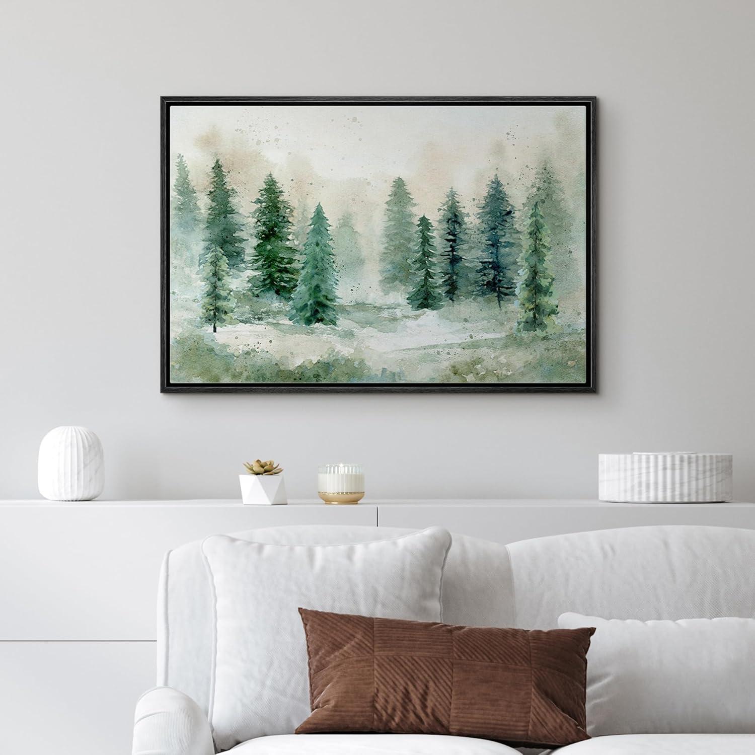 Woodland Forest Landscape " IDEA4WALL Framed Canvas Print Wall Art Woodland Nursery Decor Pastel Green Pine Tree Forest Landscape Nature Wilderness Fine Art Decorative Rustic For Living Room, Bedroom, Office "