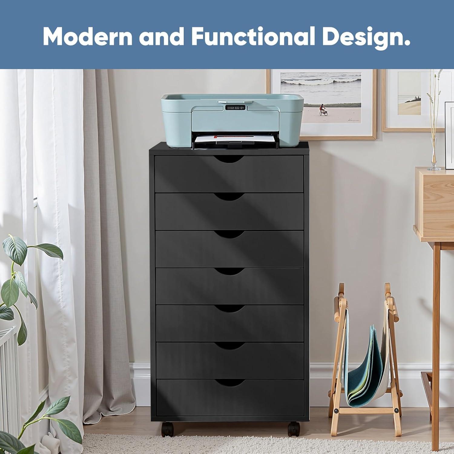 HeSLehs 7-Drawer Organizer, Tall Chest of Drawers with Caster Wheels, Alex Drawers File for Home Office, White