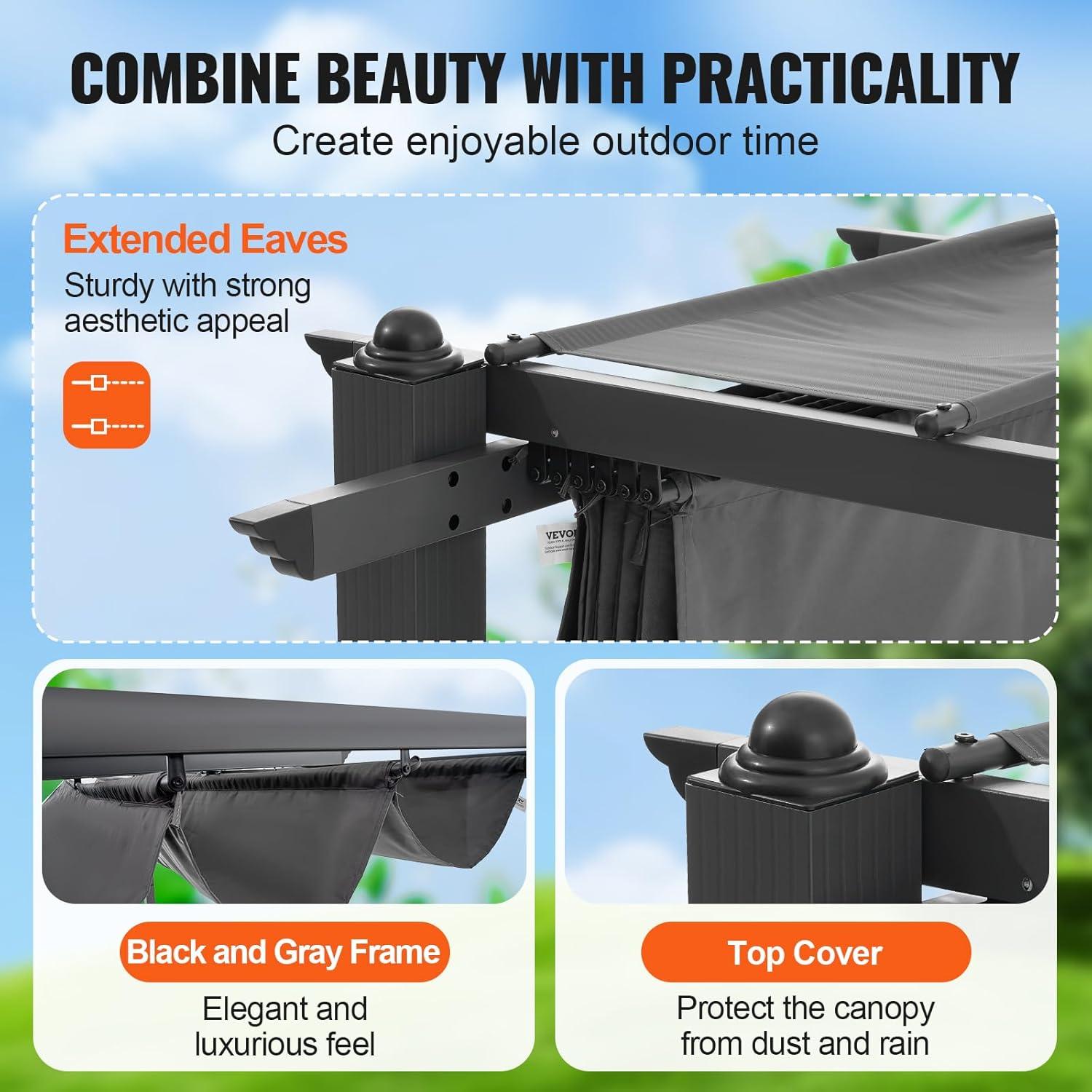 VEVOR 10'x10' Outdoor Retractable Pergola with Canopy, Aluminum Pergola with Retractable Canopy, Modern Style, Sun Shade for Patios, Gardens, Decks, Backyards (Gray)