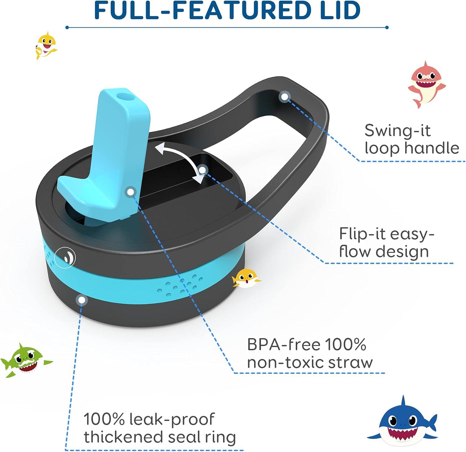 Buzio Insulated Water Bottle with Straw for Kids, 2 Lids Double Vacuum Metal Water Bottle, 14 Ounce, Blue Shark