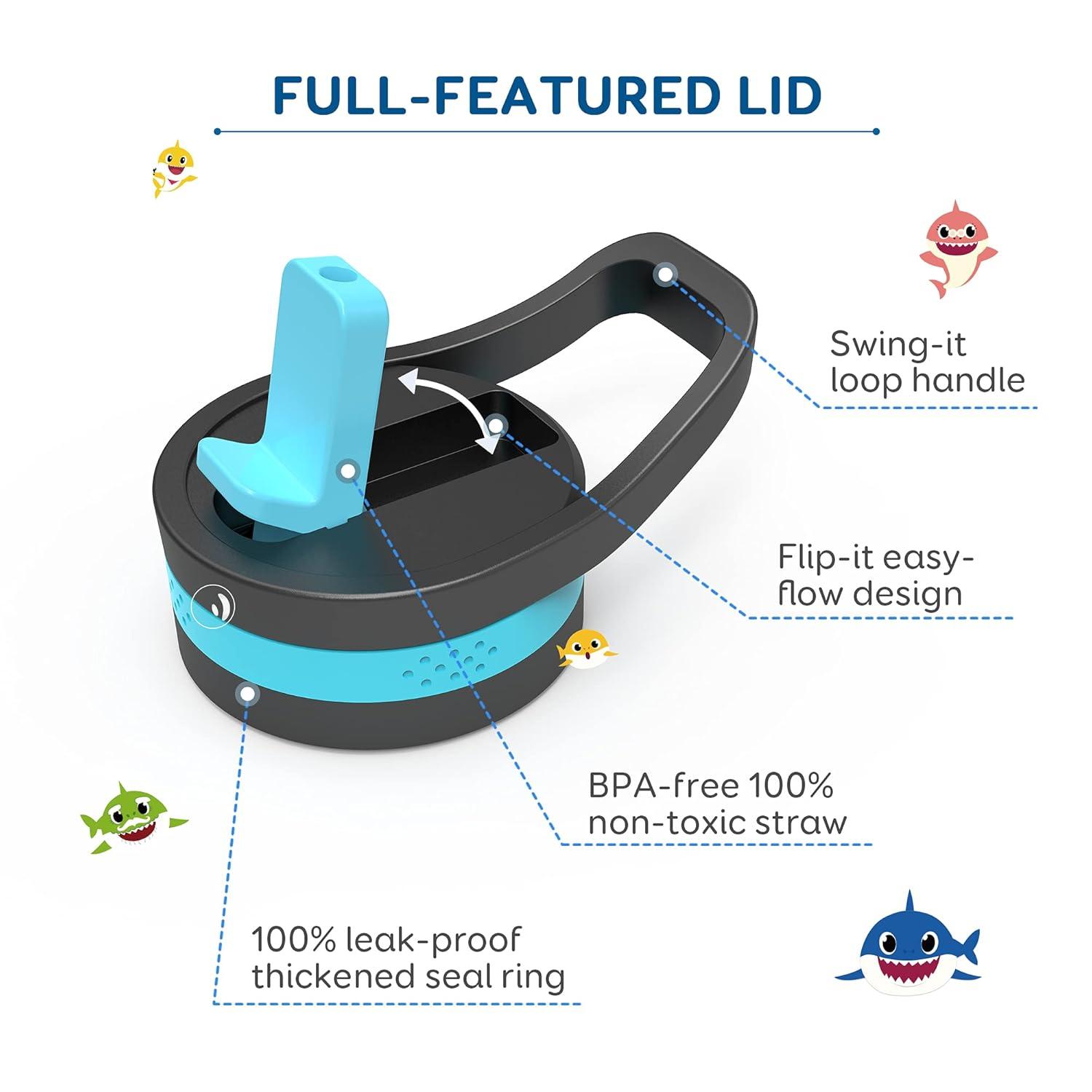 Buzio Insulated Water Bottle with Straw for Kids, 2 Lids Double Vacuum Metal Water Bottle, 14 Ounce, Blue Shark