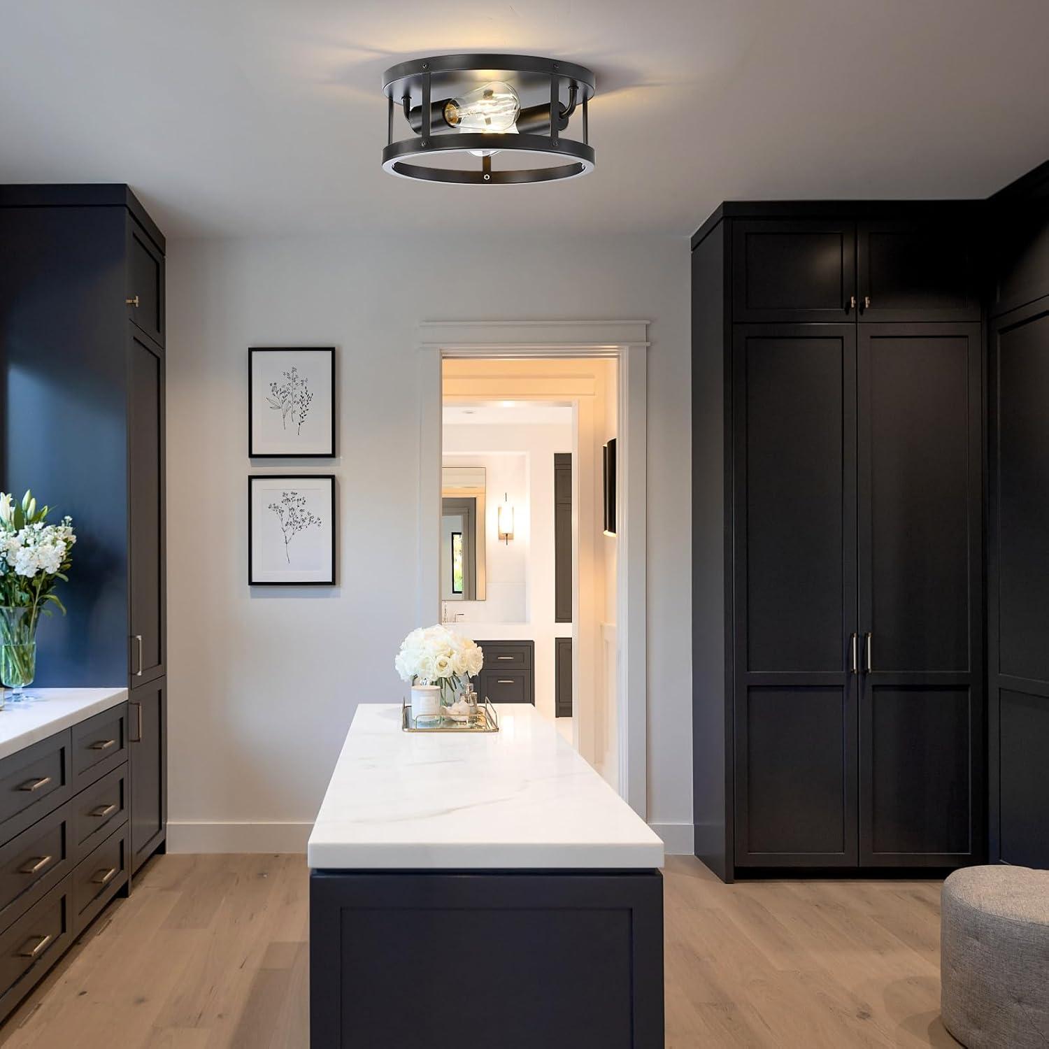 2-Light Industrial Flush Mount Ceiling Light Fixture,Black Farmhouse Ceiling Light Fixture,Modern Flush Mount Light Fixture for Kitchen Bedroom Living Room Hallway 2 Pack