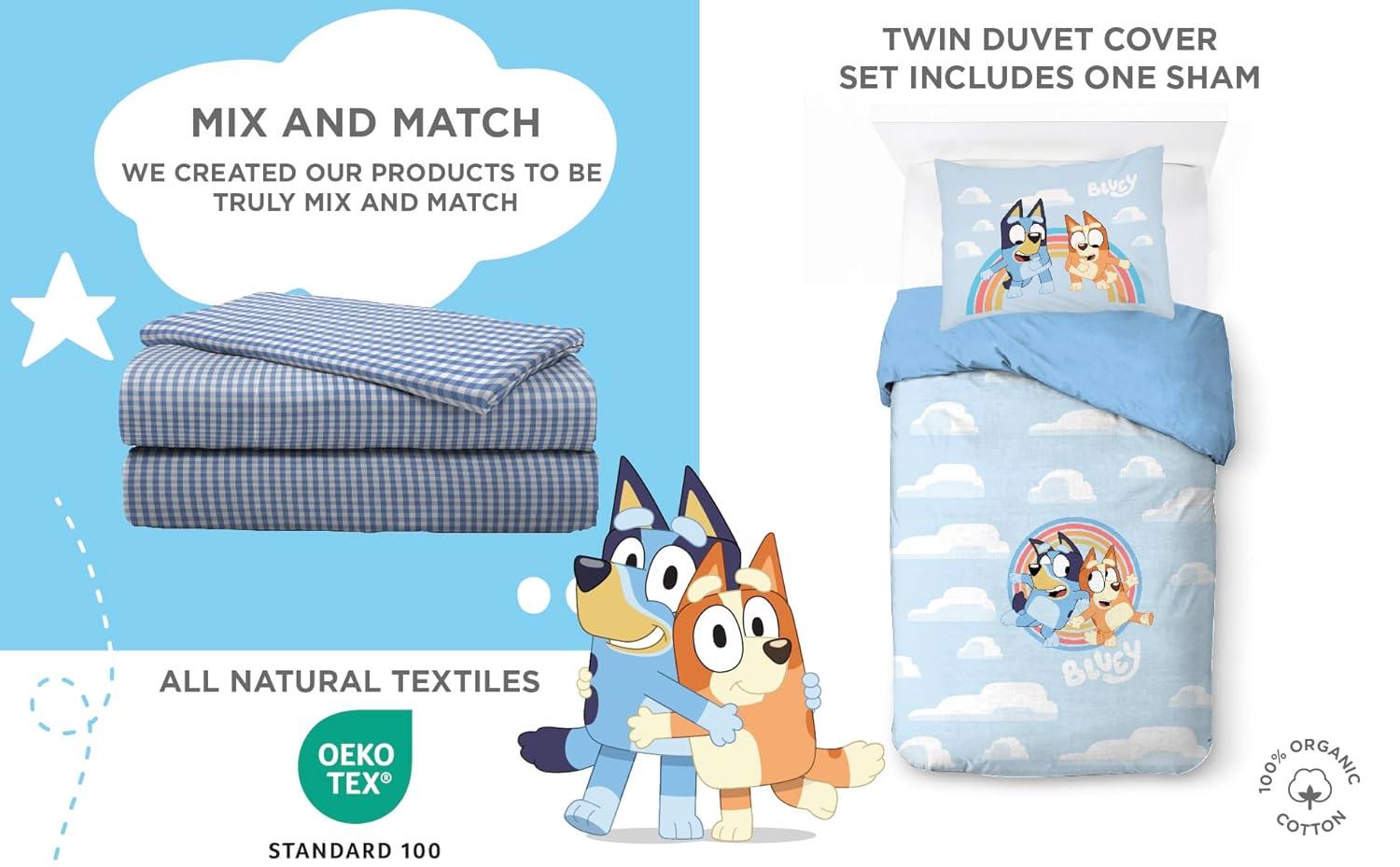 Saturday Park Bluey Rainbow in the Clouds 100% Organic Cotton Twin Duvet Cover & Sham Set