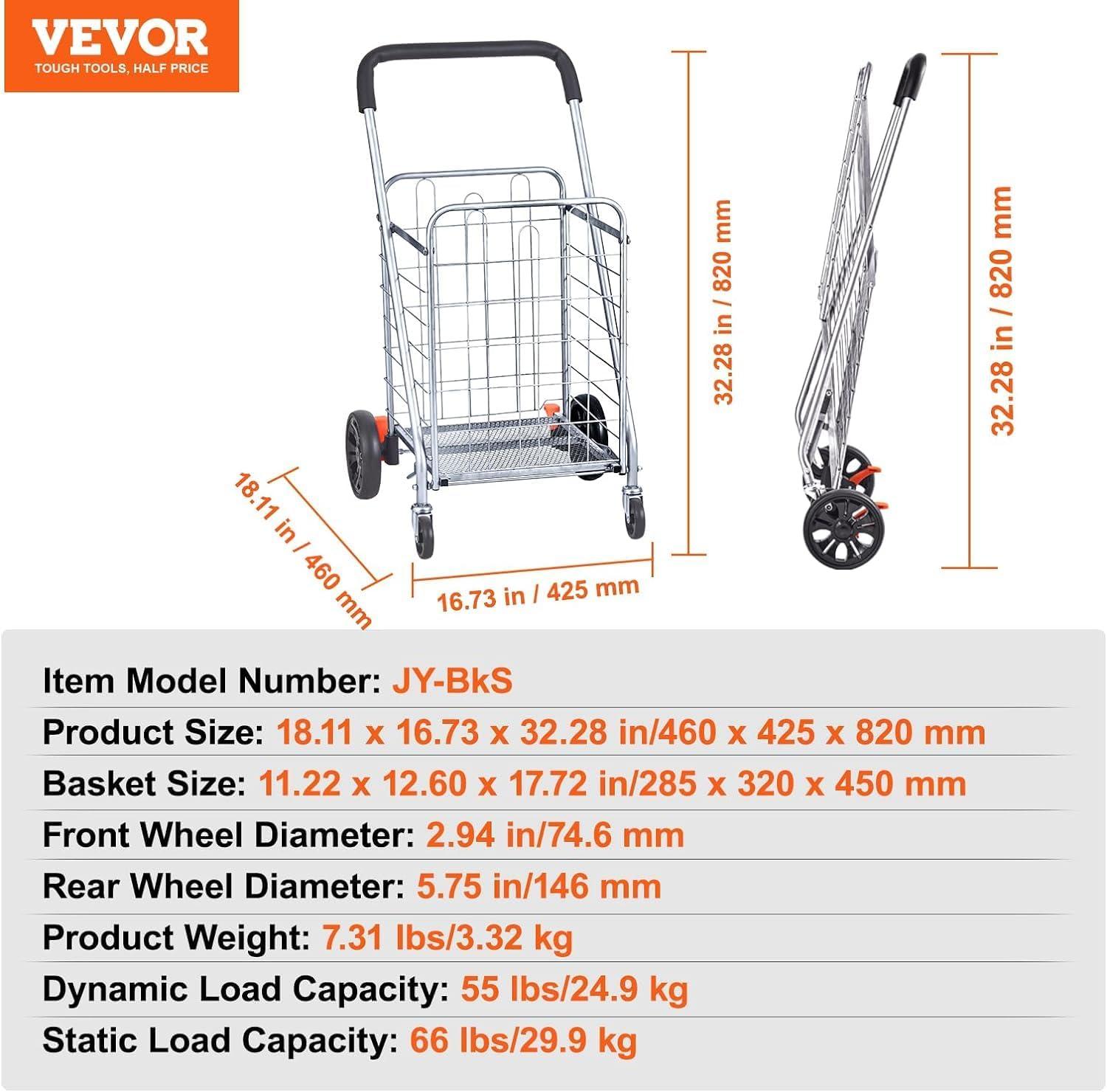 BENTISM Folding Shopping Cart Utility Grocery Basket Cart Shopping Wheels 66 lbs