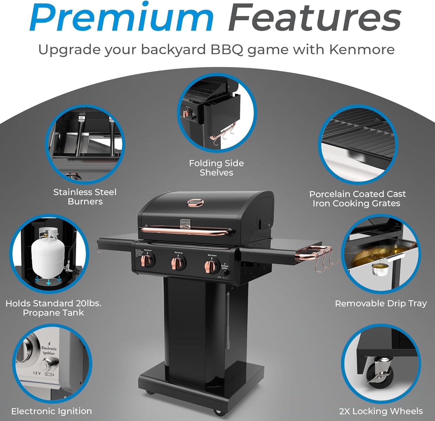 Kenmore 3-Burner Propane Gas Grill with Foldable Side Tables for Outdoor BBQ