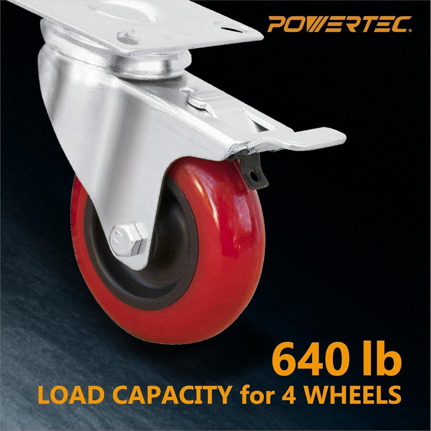 POWERTEC 4PK 3 Inch Swivel Caster Wheels with Brake & 640 lbs Loads, Heavy Duty Plate Casters, Dual Locking PU Castor Wheels for Furniture, Cart, Dolly and Workbenches (17205)