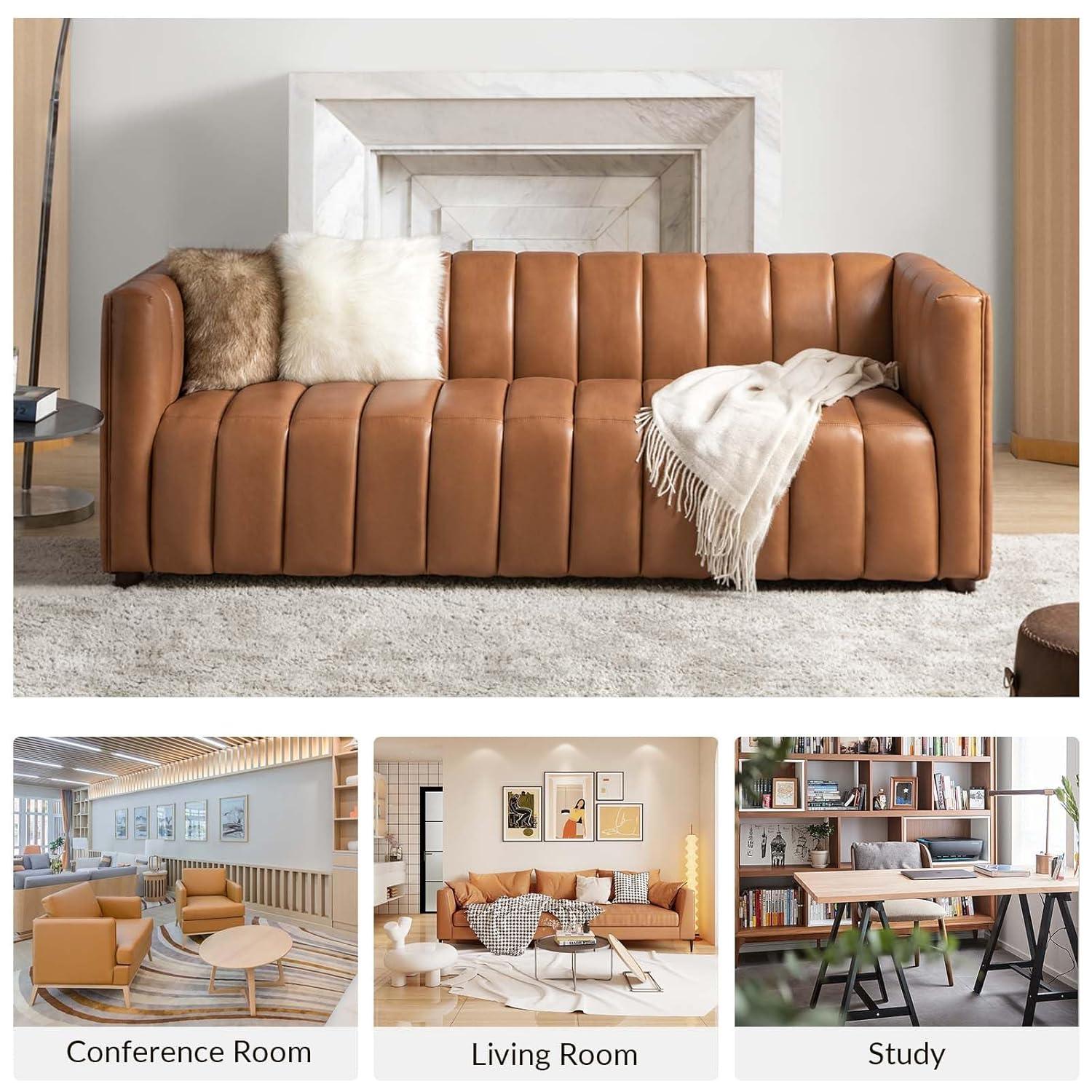 HULALA HOME 83" Genuine Leather Sofa with Channel Tufted Design, 3-Seater Sofa for Living Room Bedroom, Modern Oversized Couch with Wood Legs, Camel