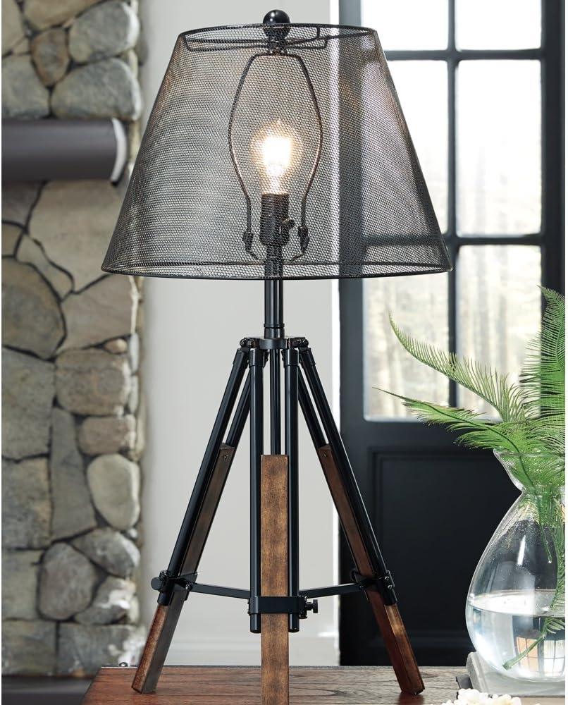 Signature Design by Ashley Leolyn Urban Adjustable Height Tripod Base with Wire Mesh Shade Single Table Lamp, Black & Brown