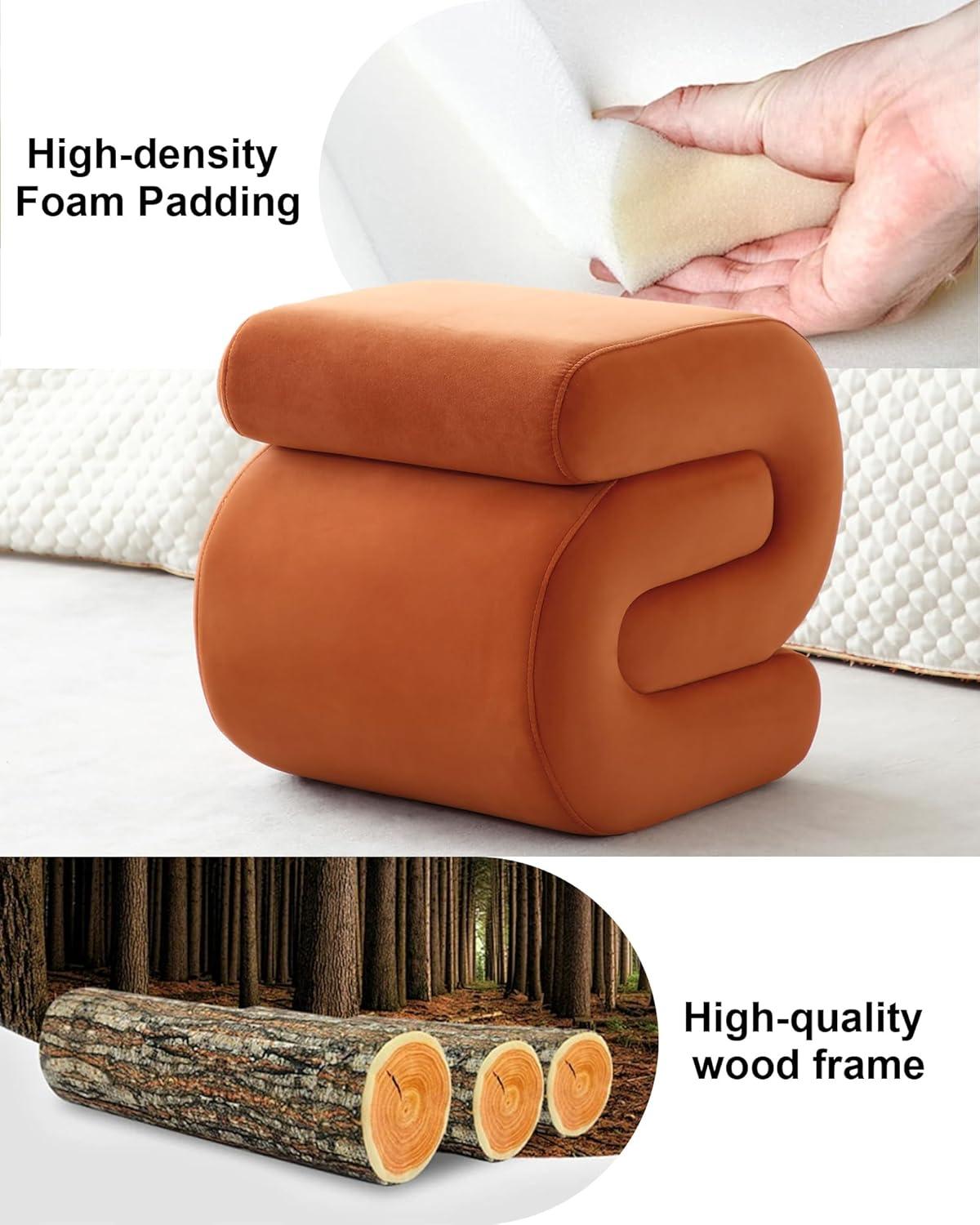 Foot Stool, Modern S-Shape Velvet Ottoman Makeup Chair Footstool Under Desk, Upholstered Extra Seating for Living Room, Bedroom, Entryway, Office (Orange)