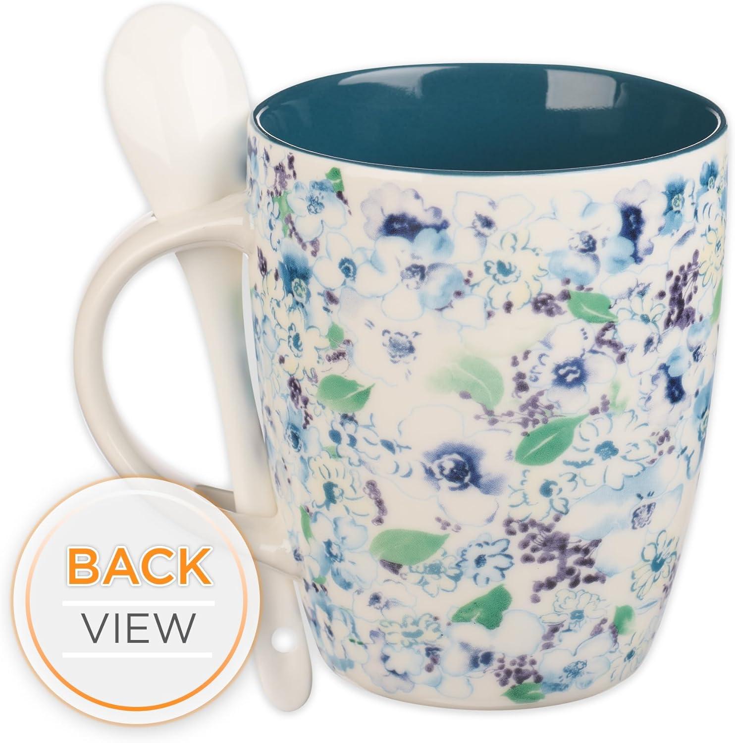 Christian Art Gifts Coffee and Tea Mug with Ceramic Spoon Set for Women: By Grace You Have Been Saved - Ephesians 2:8 Encouraging Bible Verse for Hot & Cold Beverages, Navy Blue/White Floral, 12 oz.