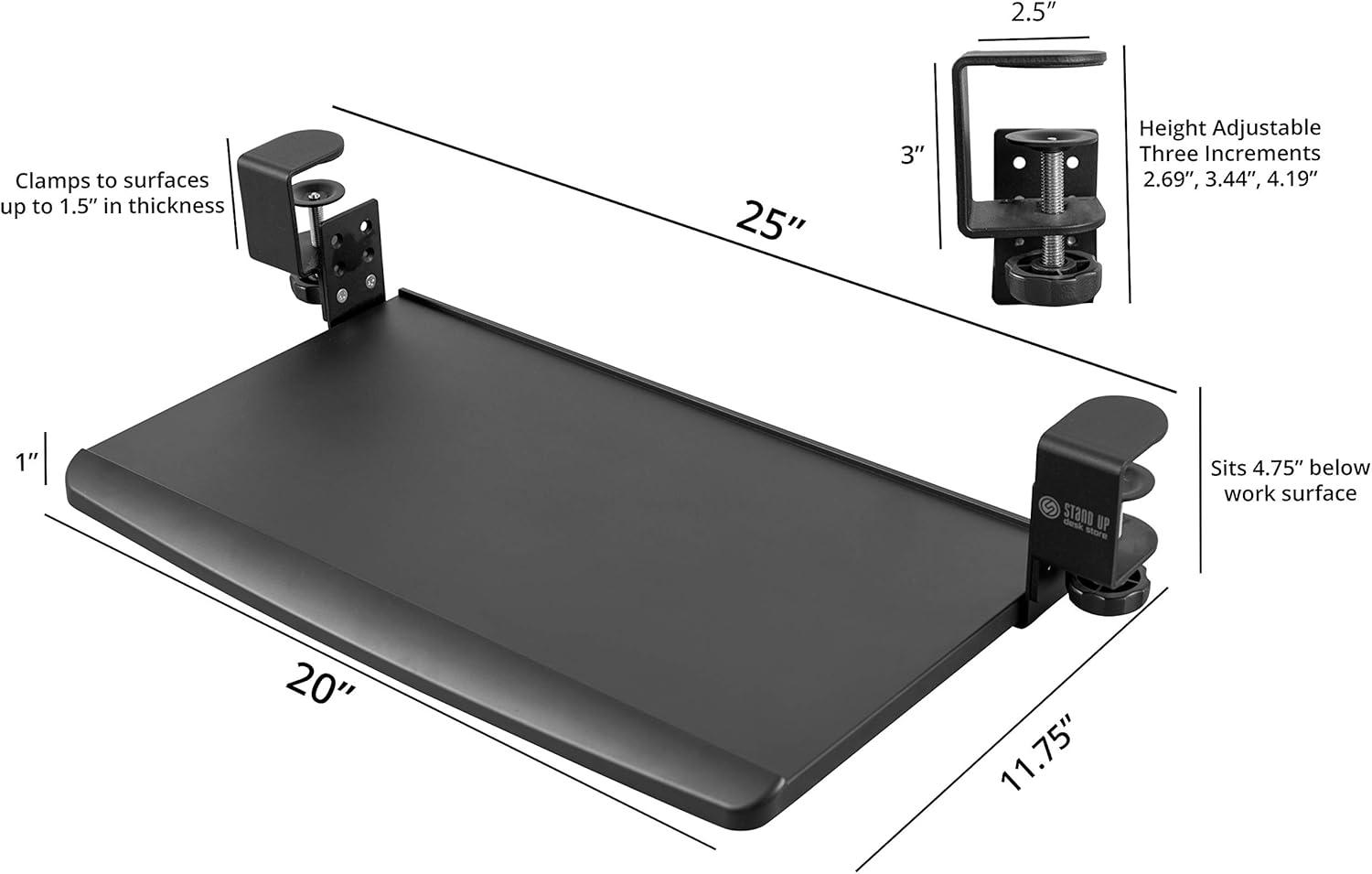 Stand Up Desk Store Clamp-On Retractable Adjustable Keyboard Tray / Under Desk Keyboard Tray | Increase Comfort And Usable Desk Space | For Desks Up To 1.5"