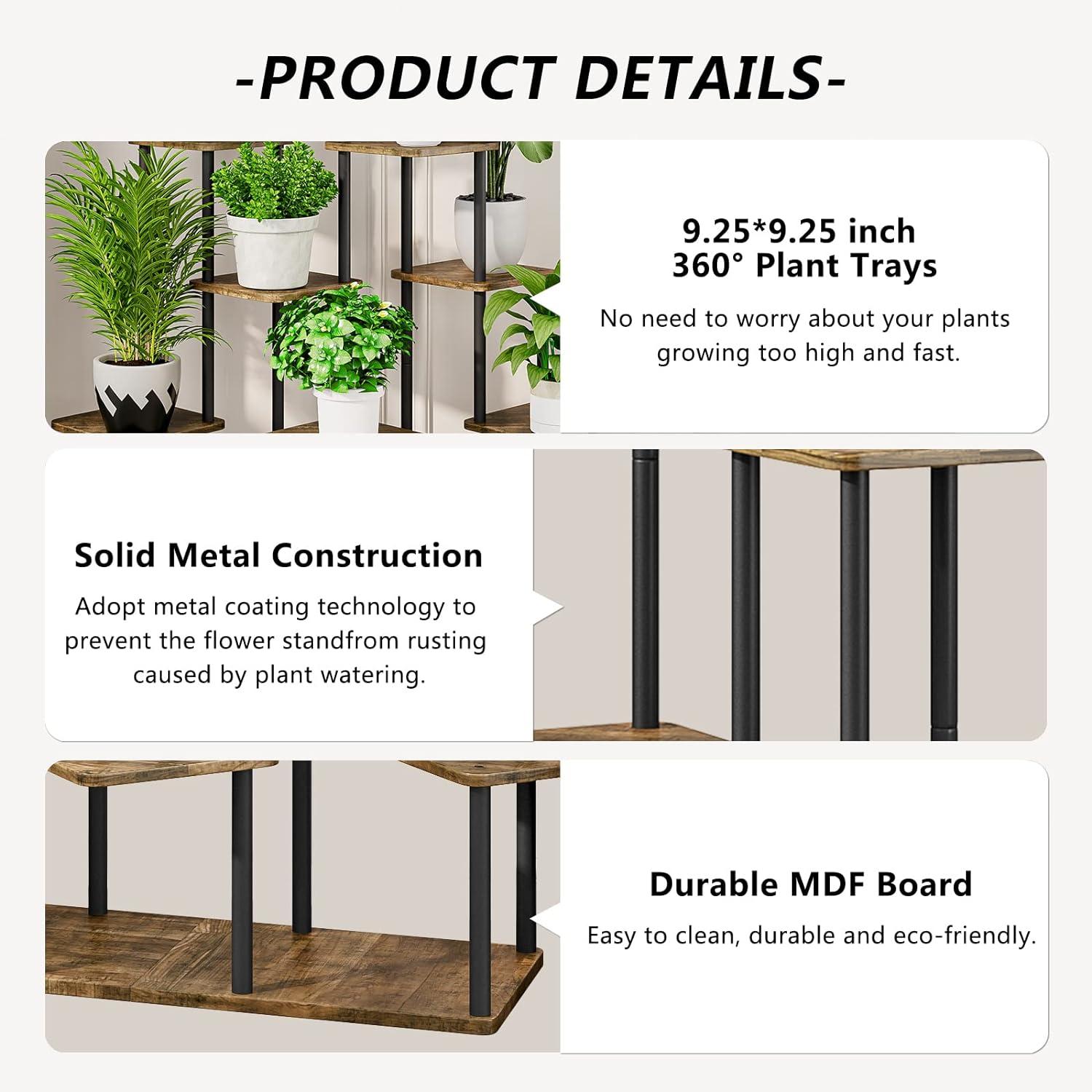 9-Tier Black and Rustic Brown Metal Plant Stand