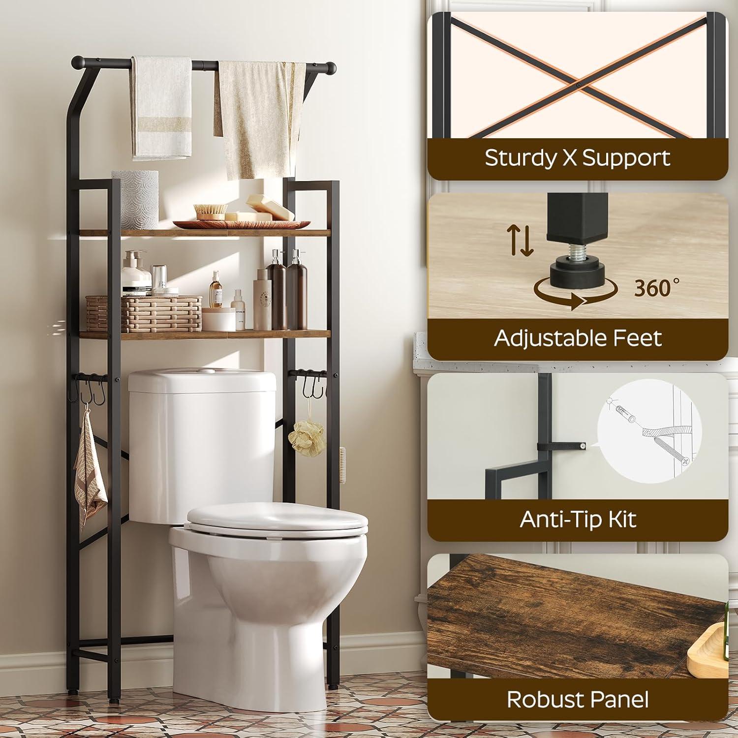 Over The Toilet Storage, 2-Tier Bathroom Organizer Shelves with Hooks, Multifunctional Vertical The Toilet Shelf Storage Rack for Bathroom, Rustic Brown and Black TR01BR