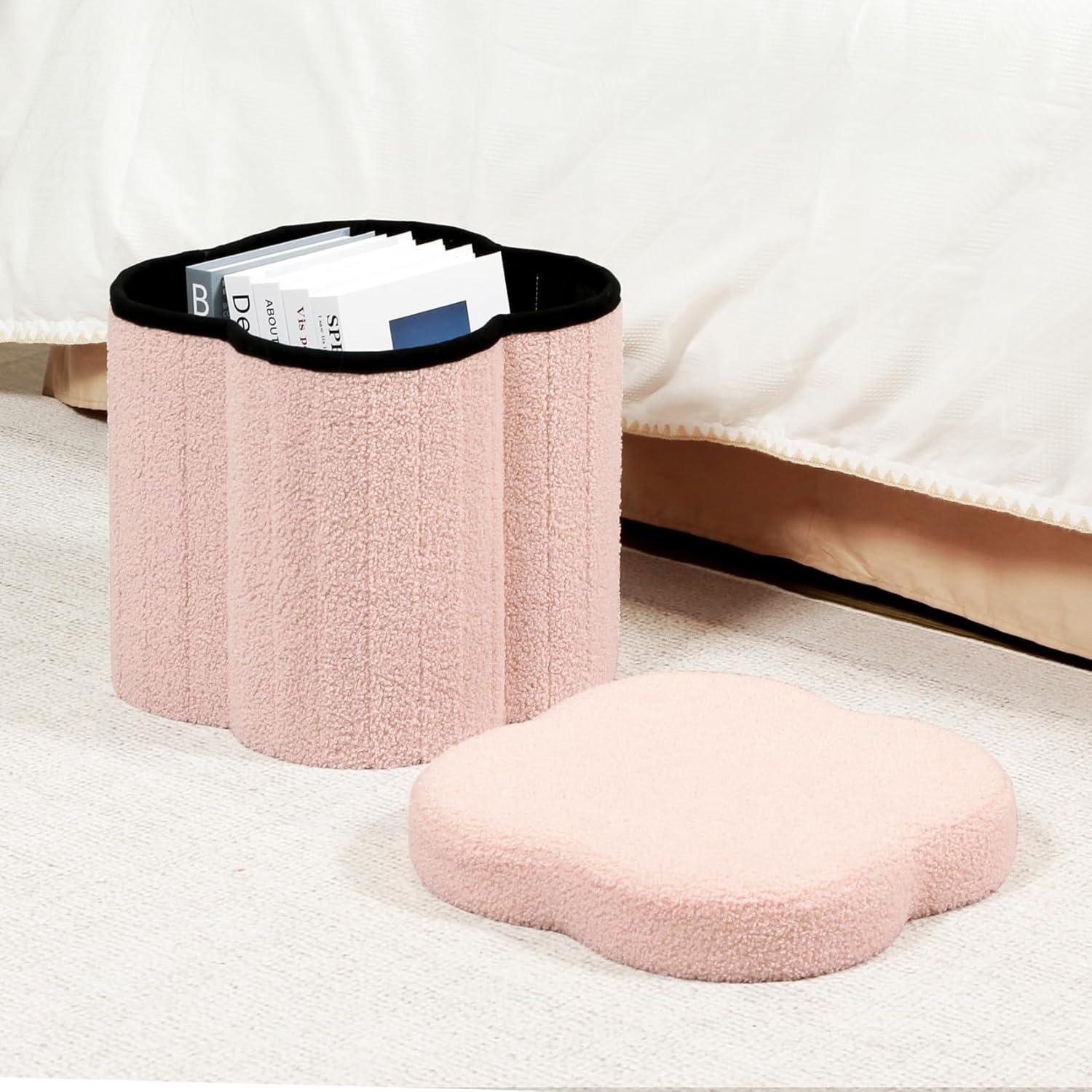 PINPLUS 12.6" Storage Ottoman,Toy Chest Box，Folding Footrest Stool Seat,Flower Shape,Sherpa Fabric,Pink