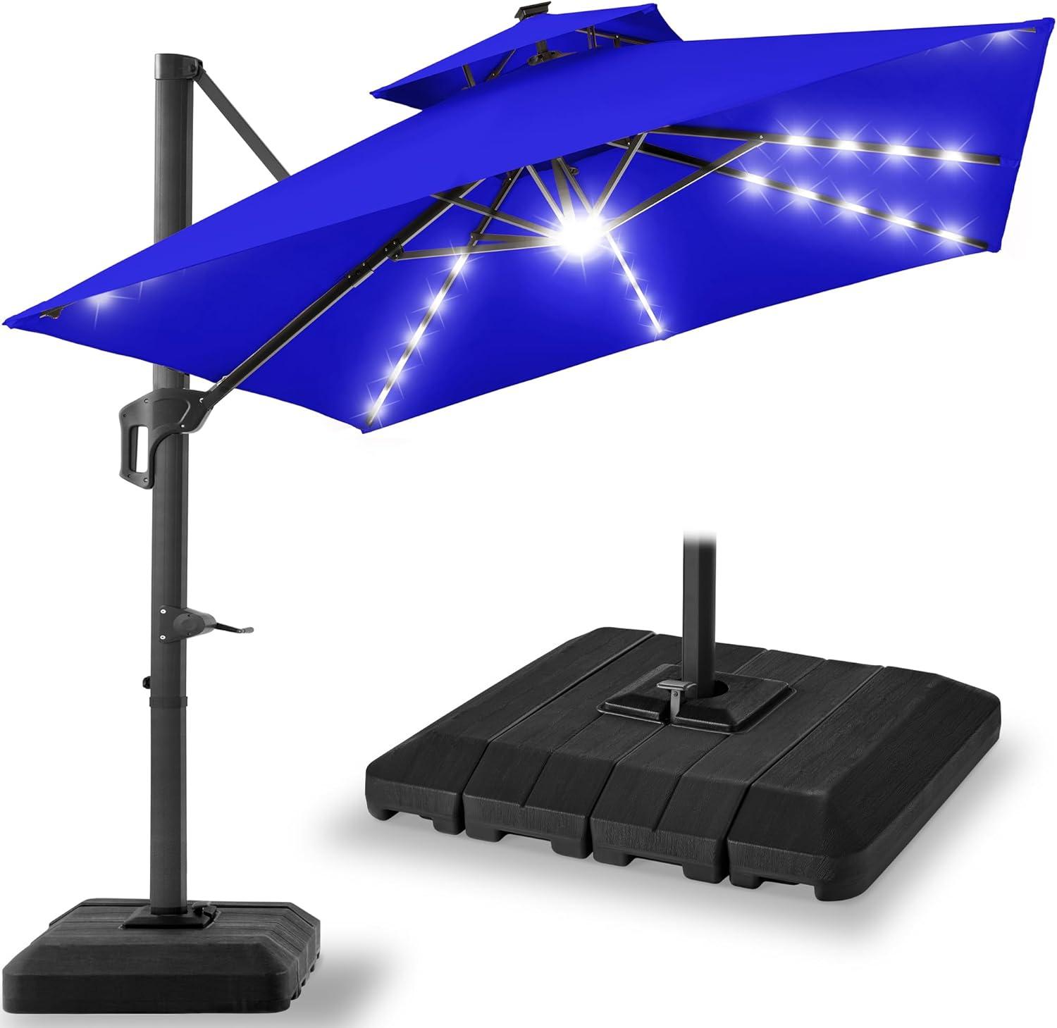 Best Choice Products 10x10ft 2-Tier Square Outdoor Solar LED Cantilever Patio Umbrella w/ Base Included - Resort Blue
