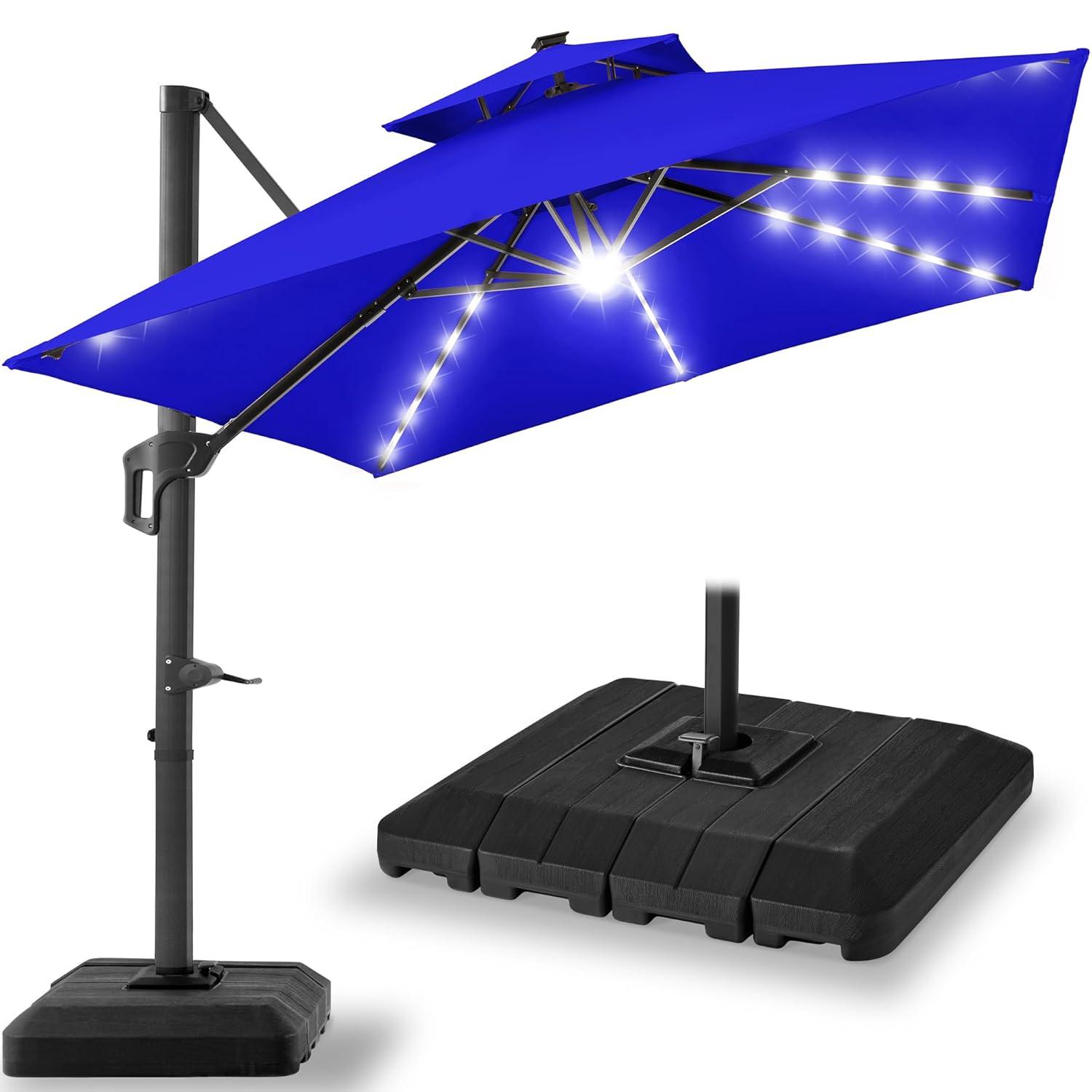 Best Choice Products 10x10ft 2-Tier Square Outdoor Solar LED Cantilever Patio Umbrella w/ Base Included - Resort Blue