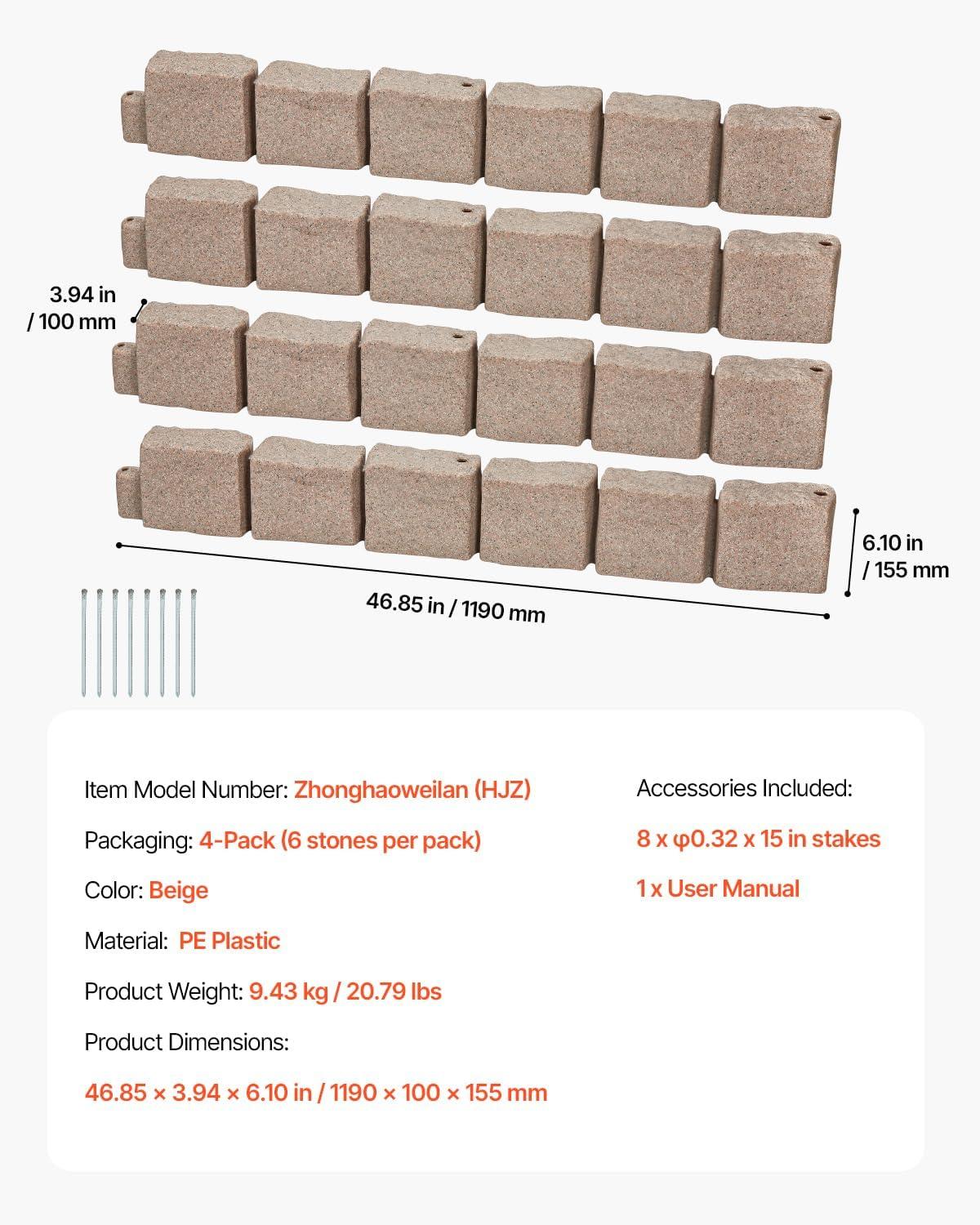 VEVOR Faux Stone Landscape Edging, No Dig Garden Edging Border, Flexible Blocks for Lawn Edging, Flower Beds, Driveway, Yards with 12 Spikes, 4 Pack 24 Bricks 16FT Kit, 46.9" Lx 4" W x 6" H, Beige