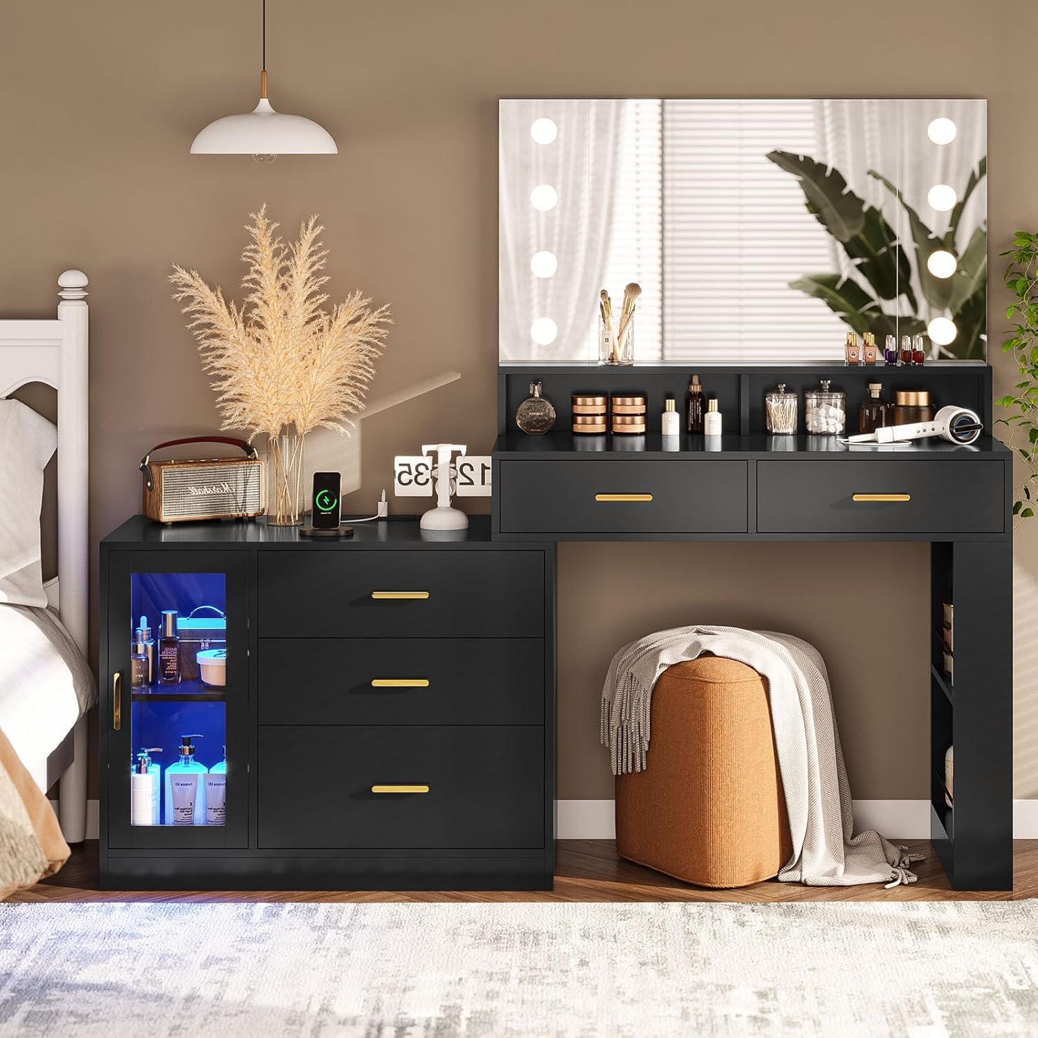 AOGLLATI Makeup Vanity Desk with Mirror and Lights & Charging Station, Black Vanity Table with 3 Drawers LED Dresser, Makeup Desk with 3 Lighting Modes, 5 Drawers and Cabinet Storage