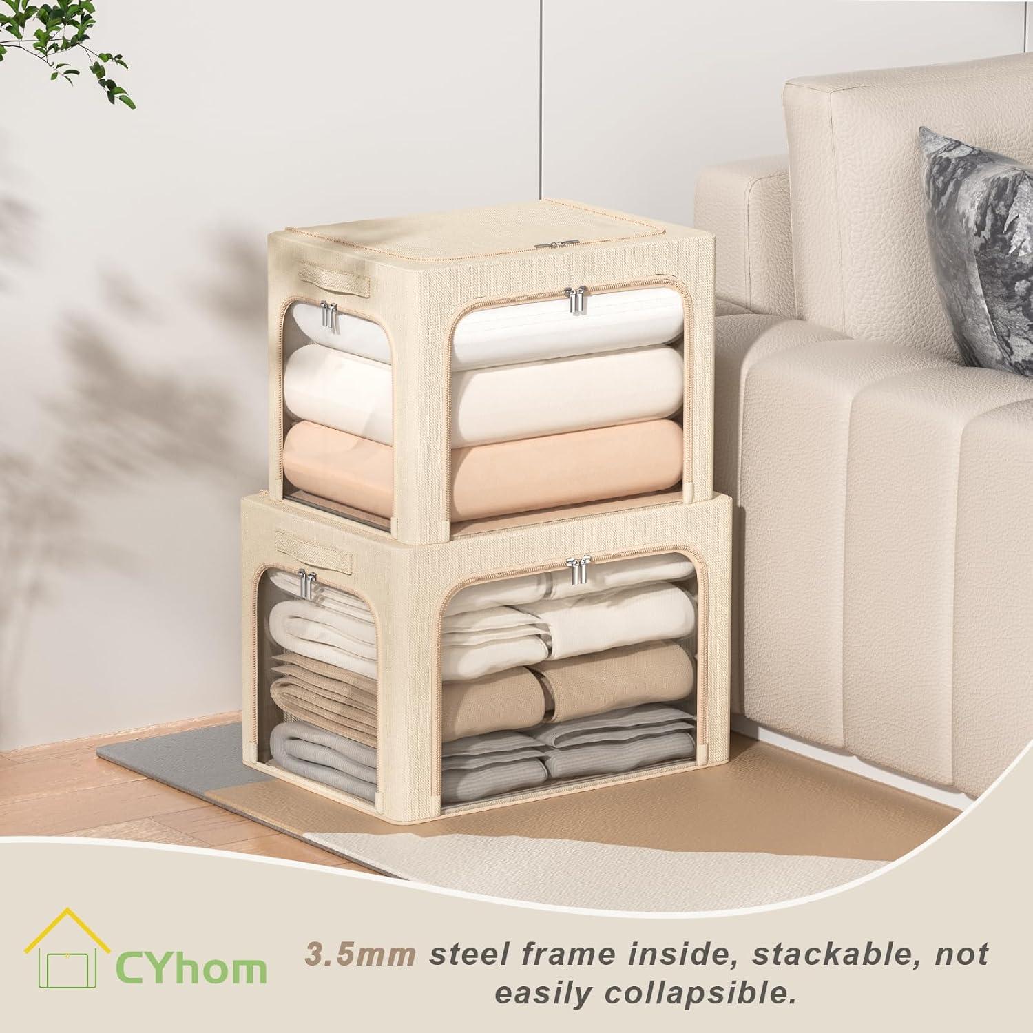 3 Openings Clothes Storage Bins With Metal Frame, Foldable Storage Bin For Clothes, Clothing Storage Bins With Lid, Linen Storage Box With Clear Window& Zippers& Durable Handles.(3 Pcs,Light Grey,40L)