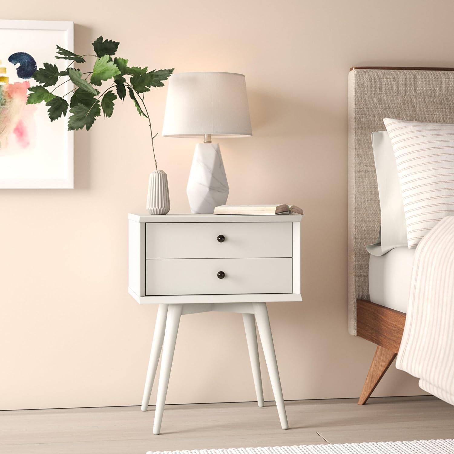 Mid-Century Modern 2-Drawer White Solid Wood Nightstand