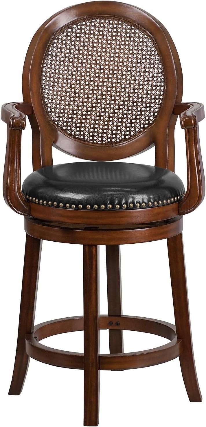 Flash Furniture 26'' High Expresso Wood Counter Height Stool with Arms, Woven Rattan Back and Black LeatherSoft Swivel Seat