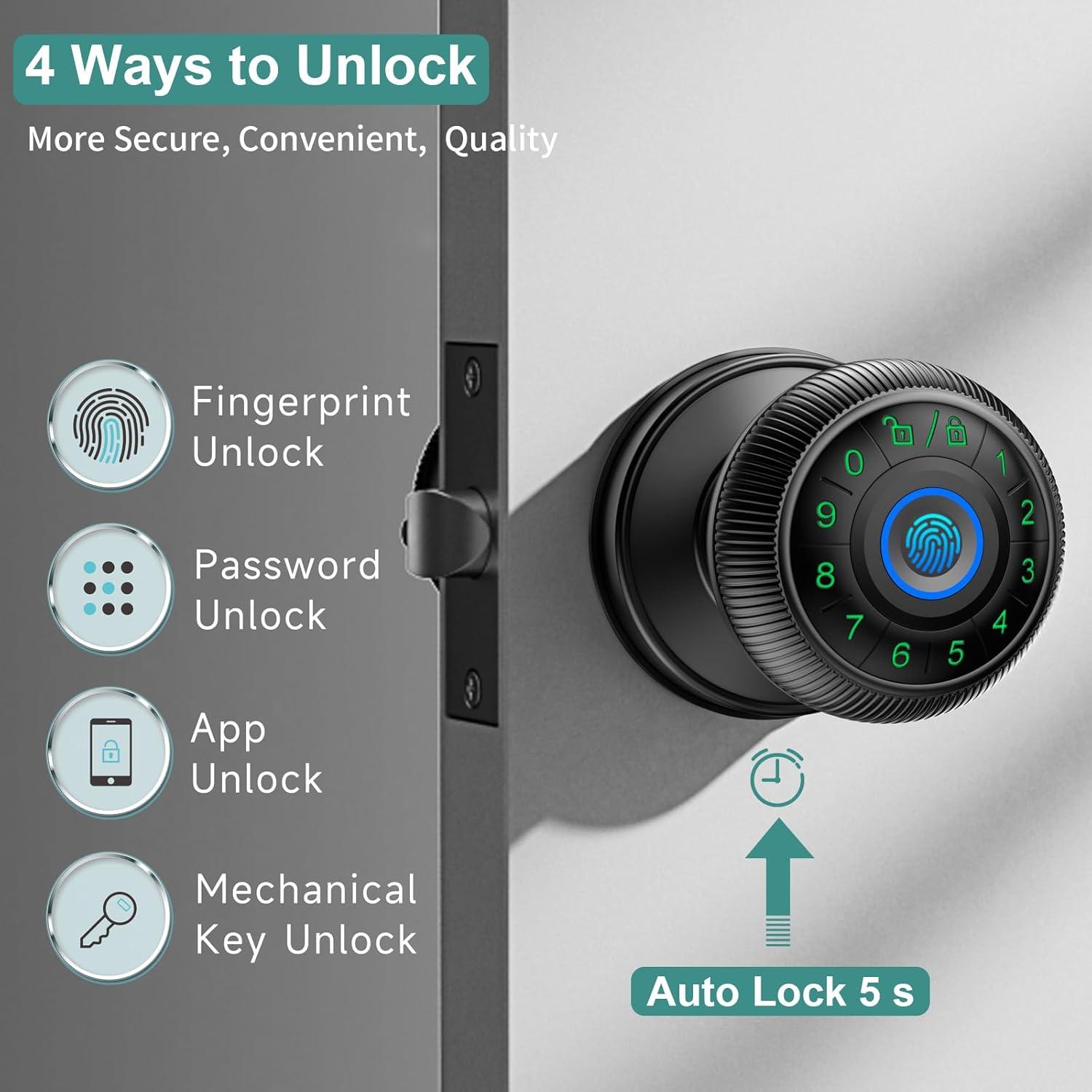 Black Aluminum Smart Fingerprint Door Knob with Keypad