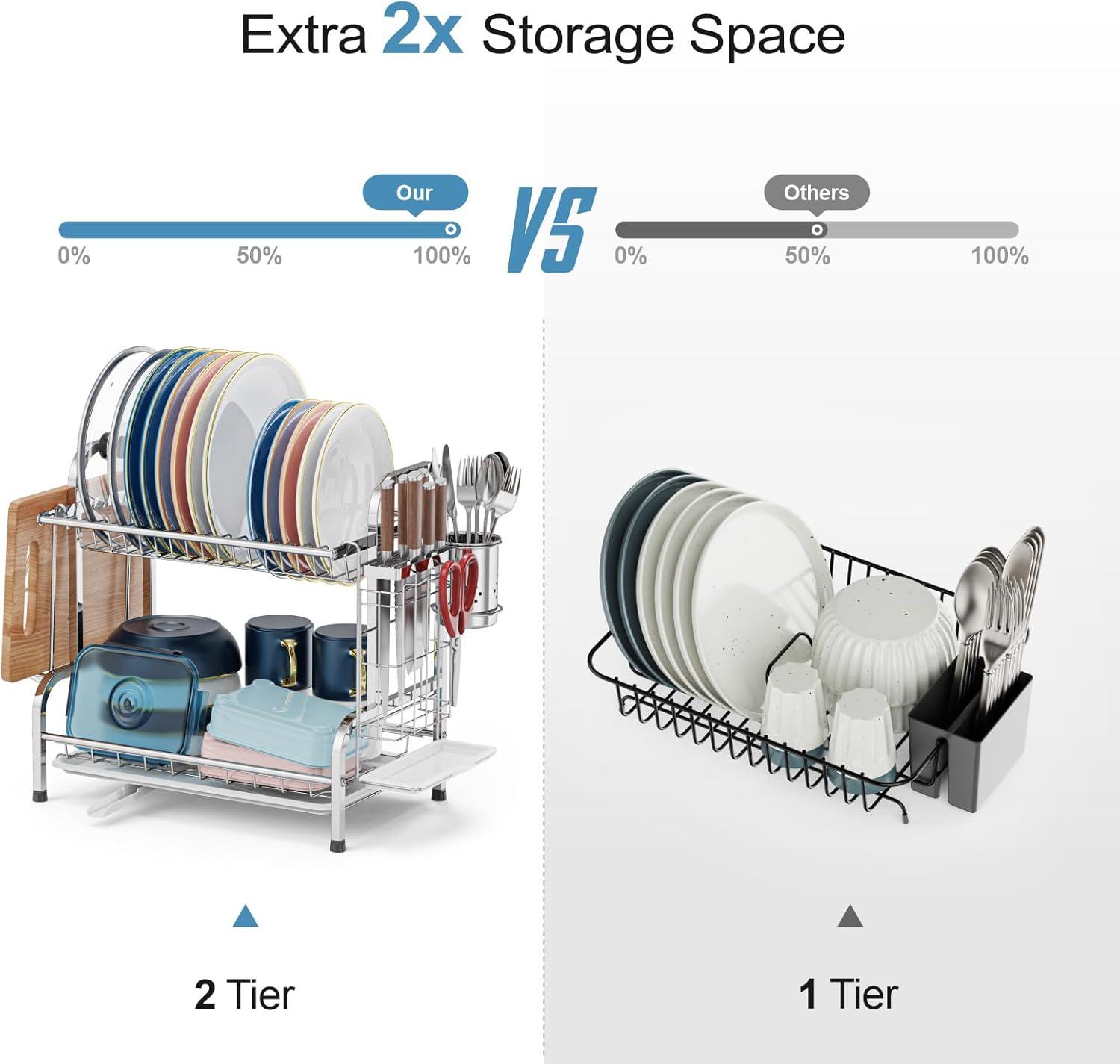 2 Tier Dish Drying Rack for Kitchen Counter，Stainless Steel Large Capacity Dish Rack with Detachable Dish Drainer Organizer，Utensil Holder and Drain Board