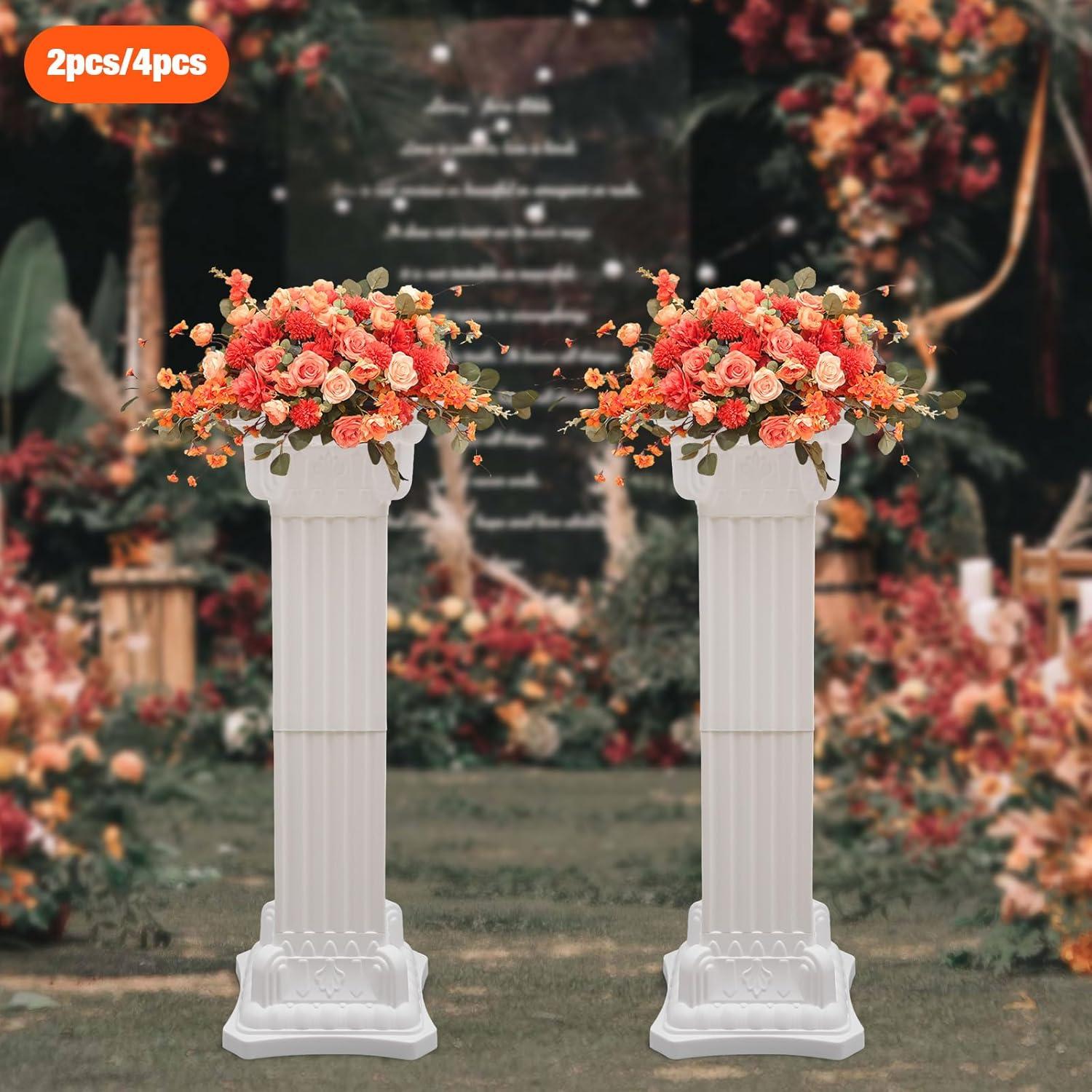 2Pcs European Style Roman Columns Wedding Column Stand Roman Pillar Plastic Greek Column Statue Plant Stand Wedding Event Party Decorative Column Pedestal Flower Pot Holder Decor (10.63x34.65 Inch)