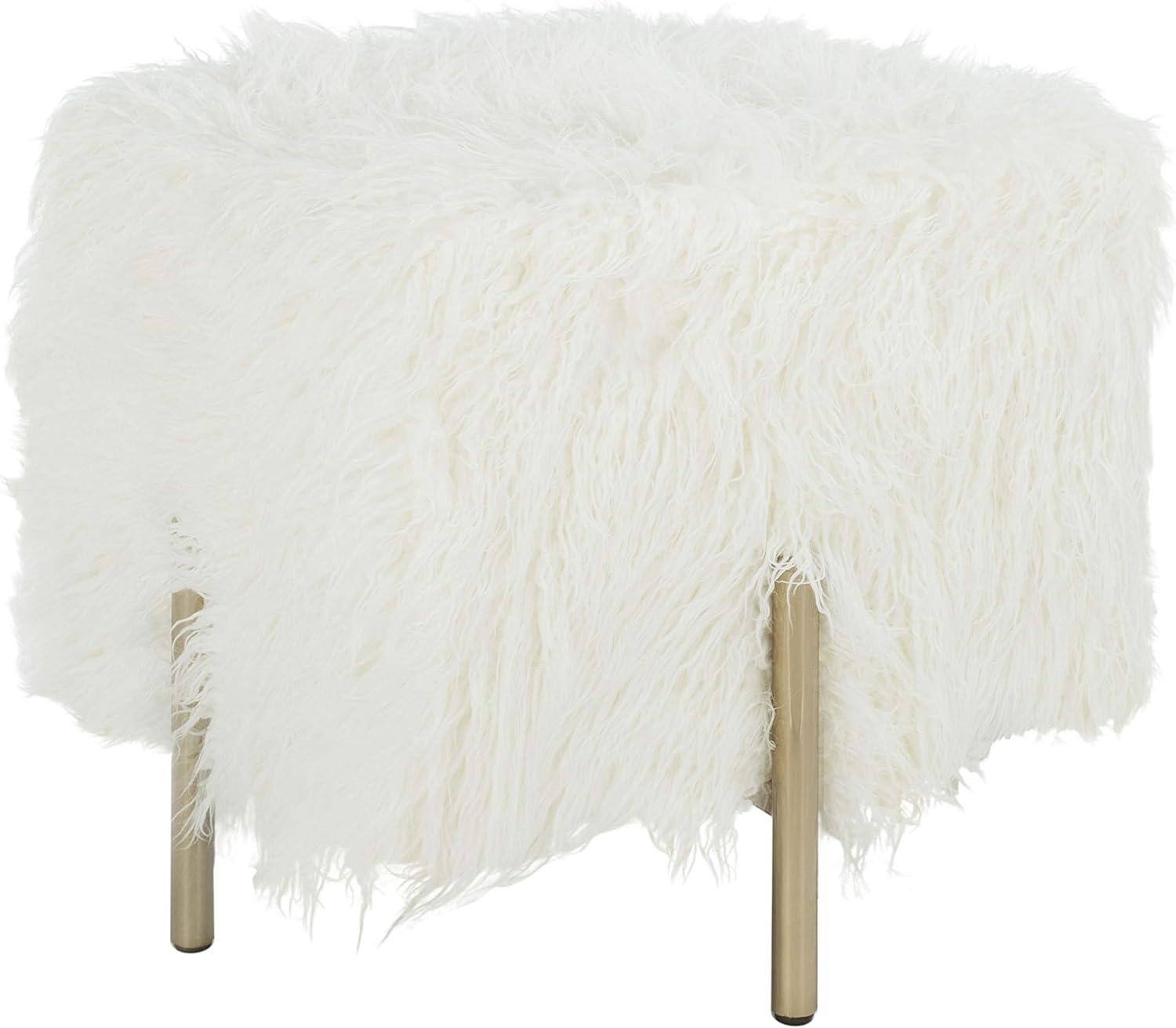 Momina Faux Fur Square Ottoman - White/Brass - Safavieh