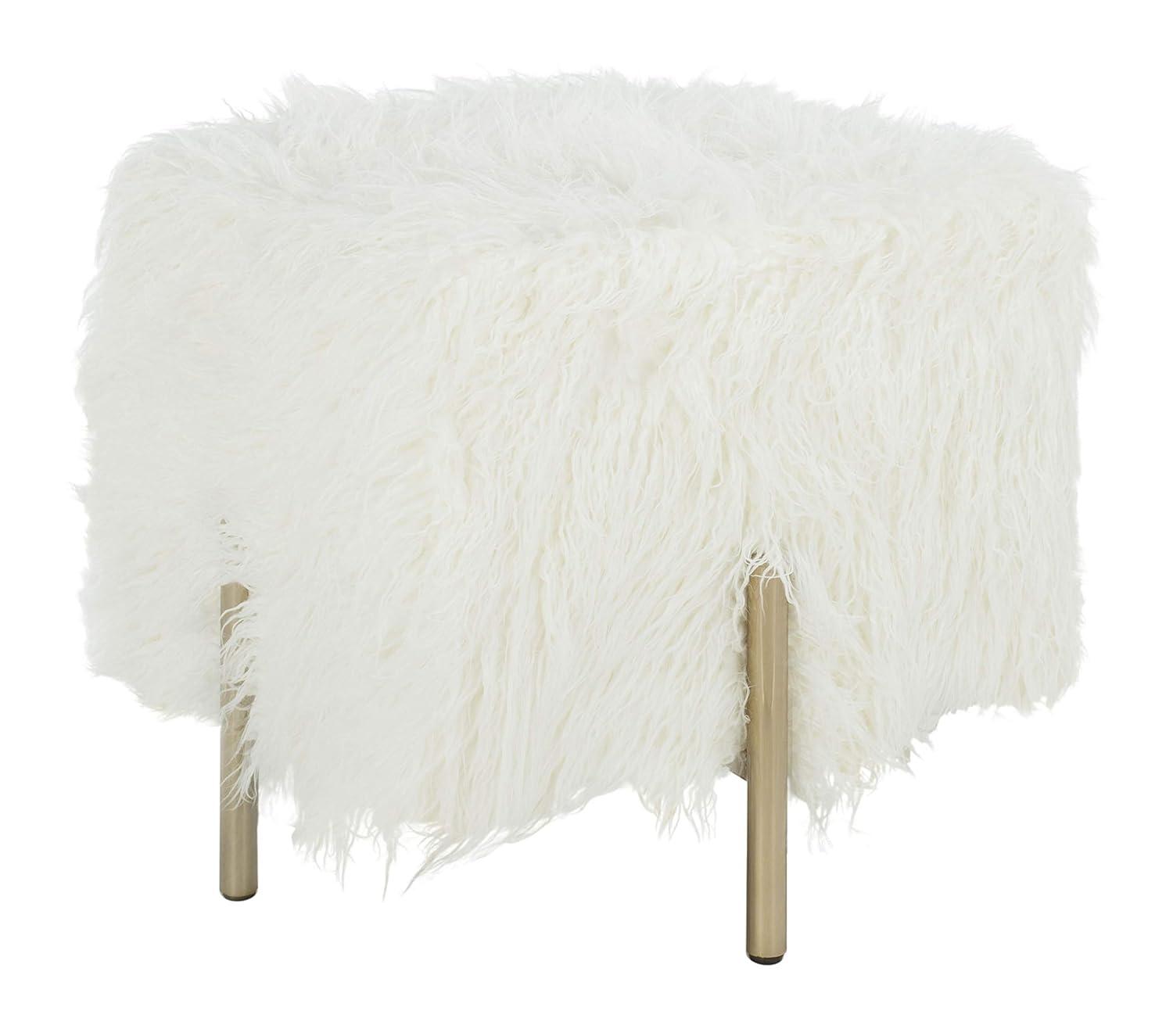 Momina Faux Fur Square Ottoman - White/Brass - Safavieh