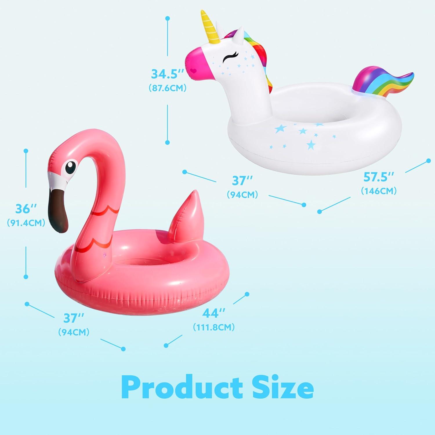 Joyfy 2 Packs Pool Floats Tube, Inflatable Unicorn Flamingo Pool Toys Floaties with Headrest, Pool Swim Ring for Kids Adults Beach Lake Summer Fun