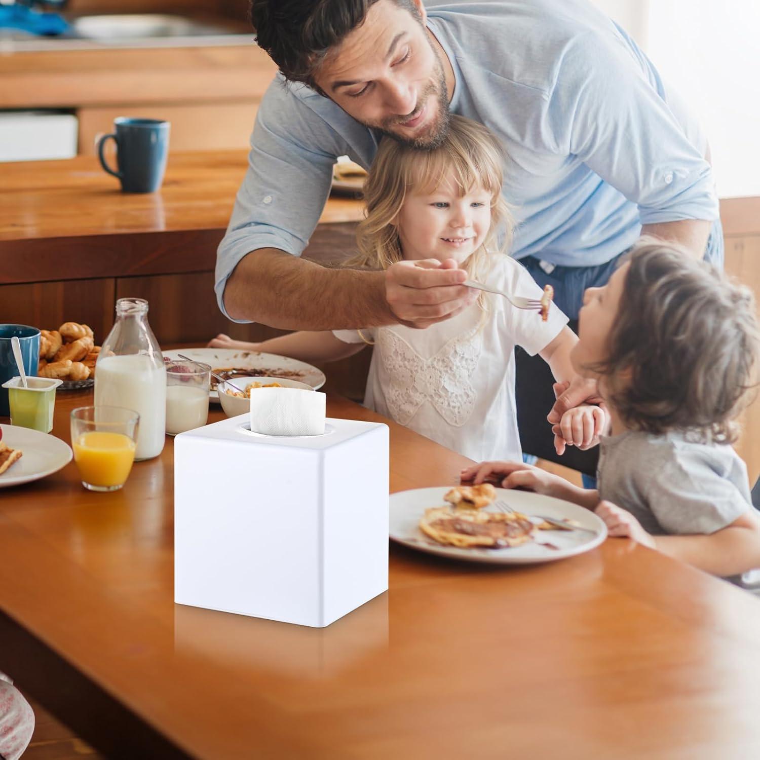 White Tissue Box Cover Square - Plastic Facial Tissue Box Holder - Decorative Cube Tissue Holder Dispenser Fits Any Vanity Countertop, Bedroom Dresser, Office, Bathroom Decor C33