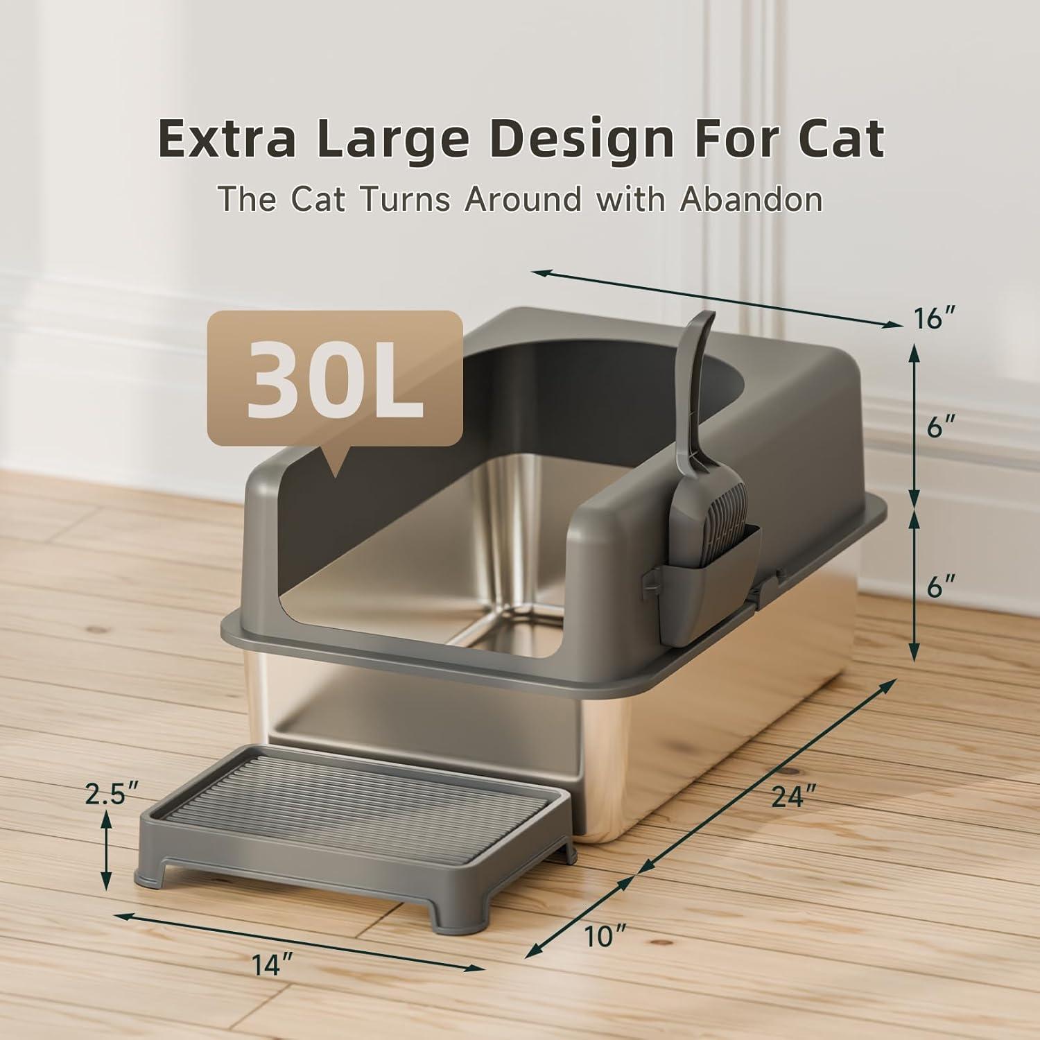 Enclosed Stainless Steel Cat Litter Box with Lid Extra Large Litter Box for Big Cats XL Metal Litter Pan Tray with High Wall Sides Enclosure, Non-Sticky, Anti-Leakage, Easy Cleaning