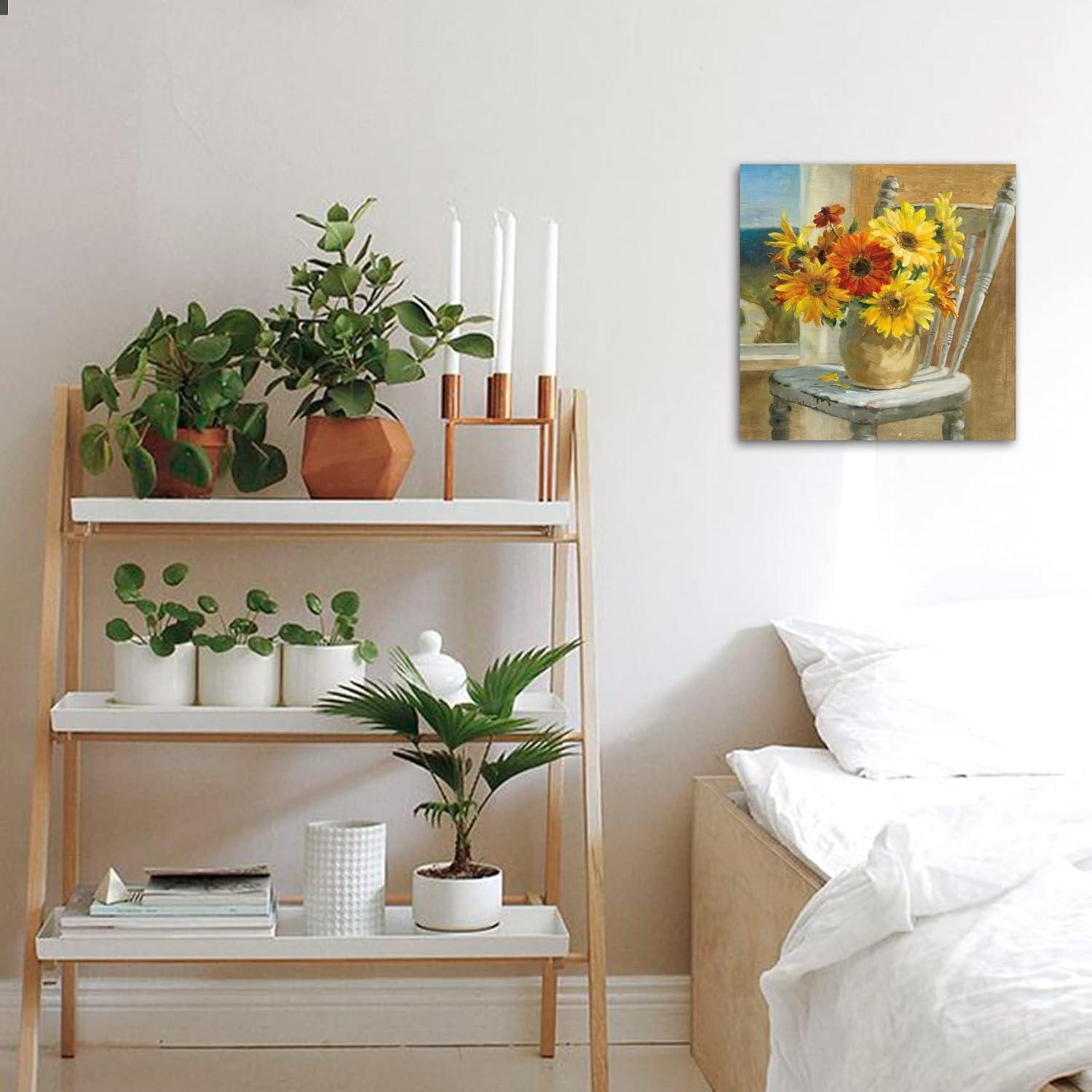 Bathroom Decor Canvas Country Farmhouse Wall Decor Sunflower Theme Painting Vintage Picture Artwork Wood Framed Wall Art Easy to Hang Size 14 x14 in