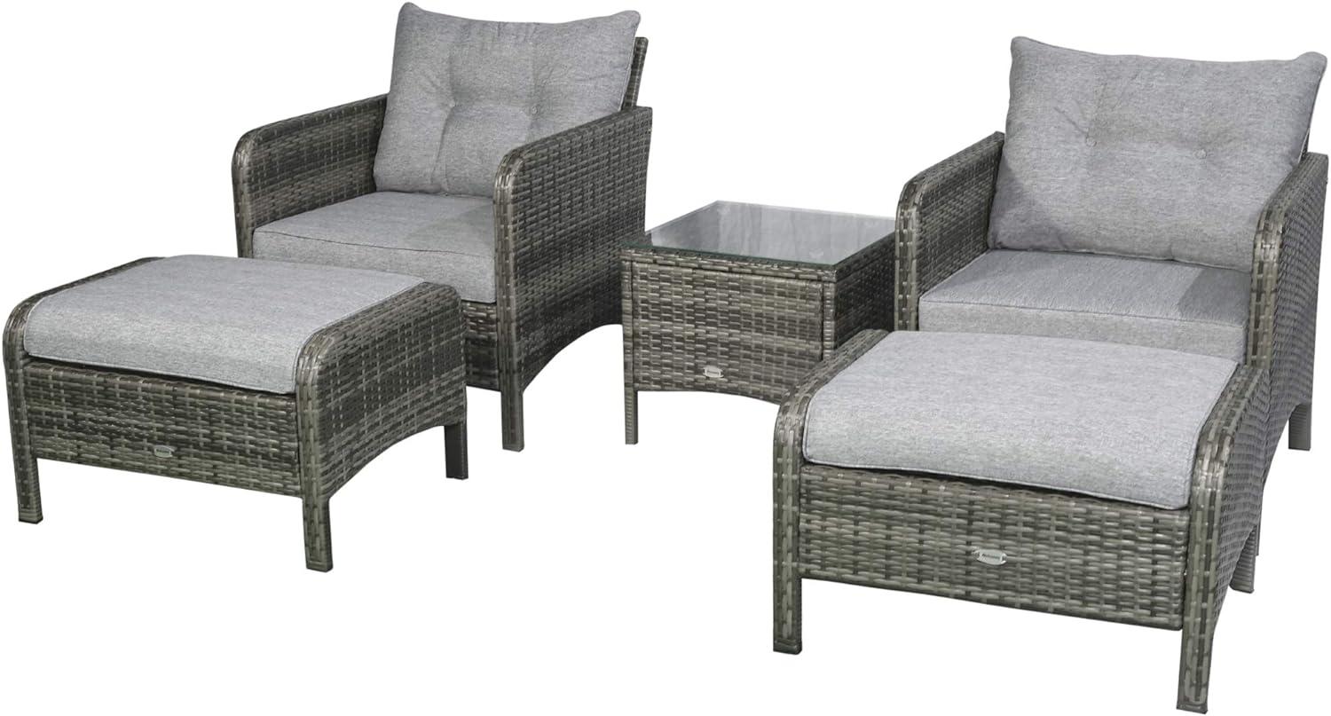 Outsunny 5 Pieces Rattan Wicker Lounge Chair Outdoor Patio Conversation Set with 2 Cushioned Chairs, 2 Ottomans & Glass Coffee Table, Gray