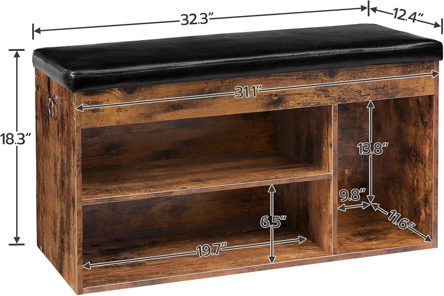 Shoe Storage Bench with Padded Cushion, Entryway Bench with Flip-Open Storage Box and Adjustable Shelf, Shoe Rack with Hidden Compartment, for Entryway, Living Room, Rustic Brown BF40HX01