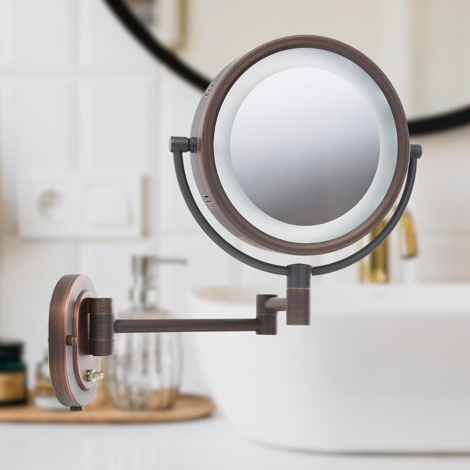 Jerdon HL65BZ 8-Inch Lighted Wall Mount Makeup Mirror with 5x Magnification, Bronze Finish