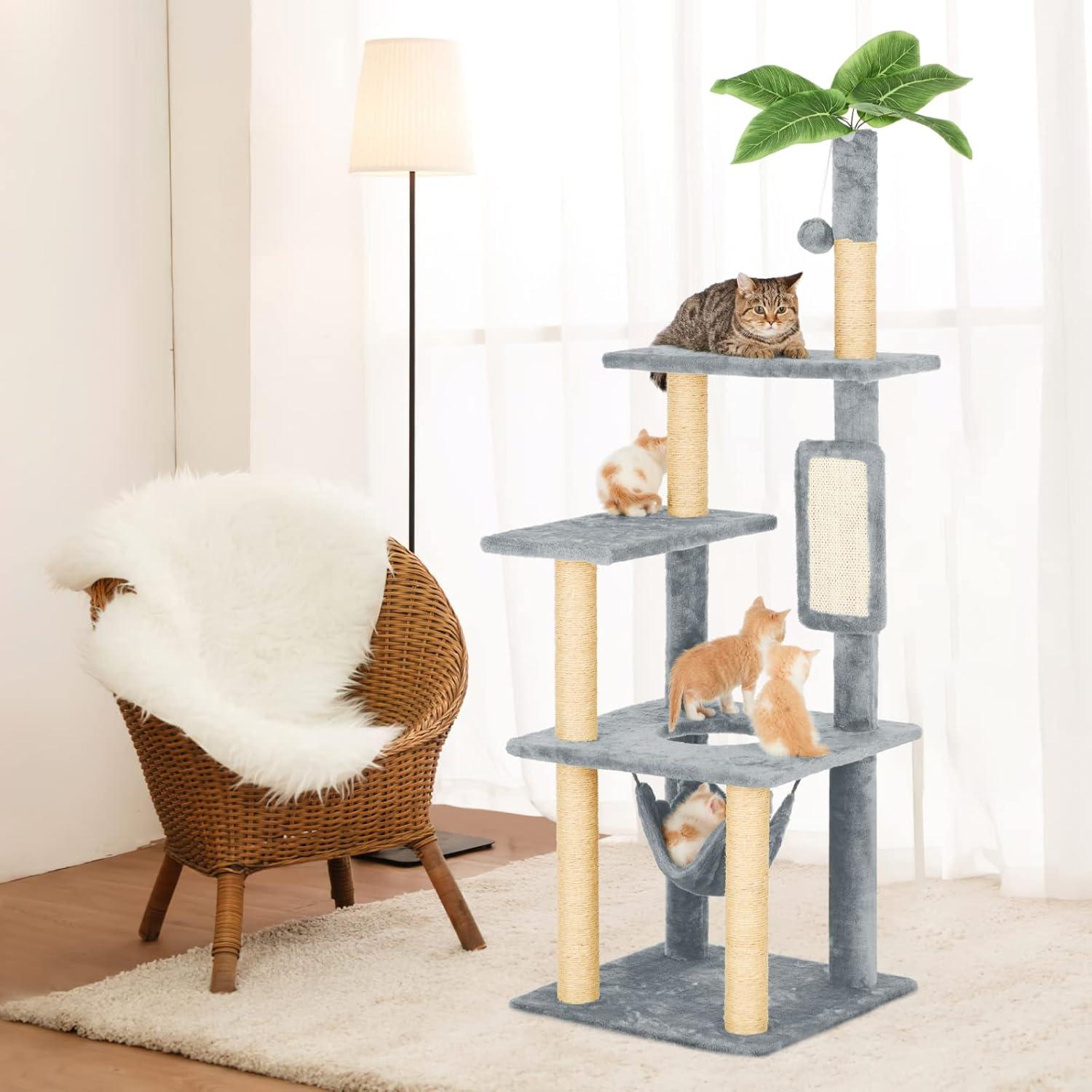 55" Cat Tree for Indoor Cats with Green Leaves, Multi-Level Large Cat Tower for Indoor Cats with Hammock, Plush Cat House with Hang Ball Toy and Cat Sisal Scratching Posts Cat Furniture, Green