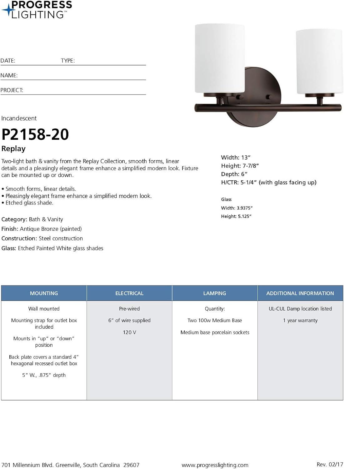 Progress Lighting Replay Collection 2-Light Bath Vanity, Brushed Nickel, Shade Included