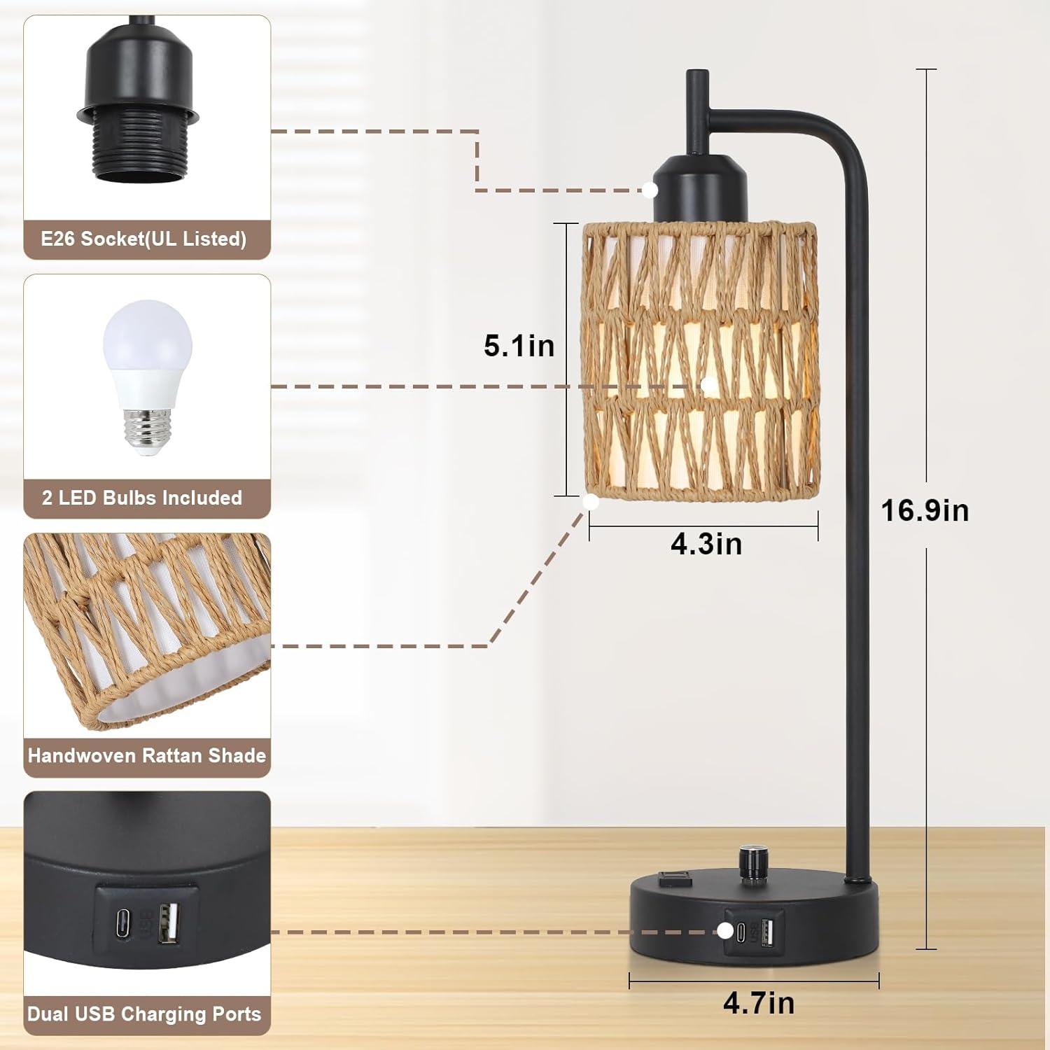 Black Rattan Table Lamps Set with USB Charging Ports