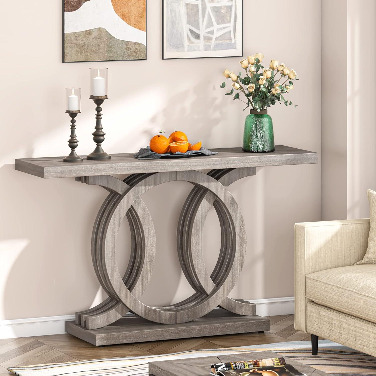 Gray 55" Geometric Base Wooden Console Table with Storage