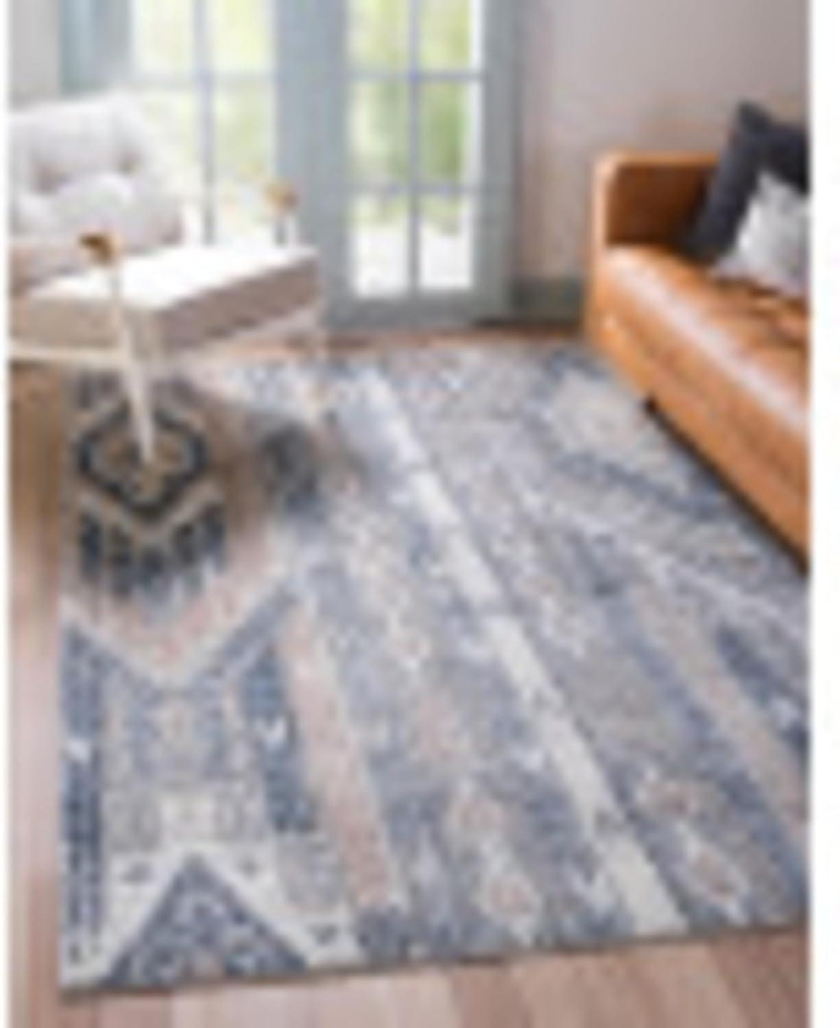 Navy Blue Rectangular Geometric Indoor Area Rug, Easy Care & Stain-resistant