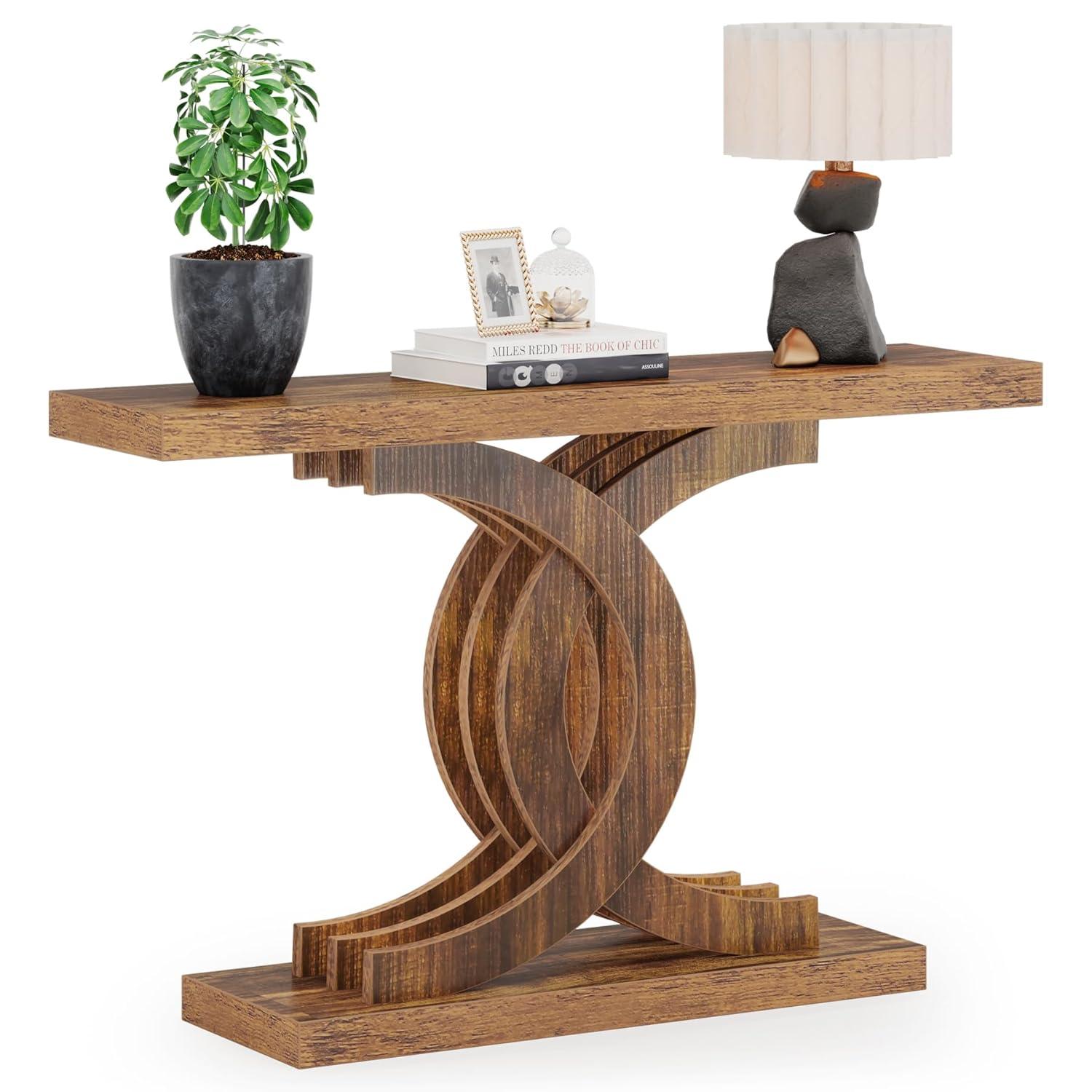 Tribesigns Modern 39-inch Console Tables, Farmhouse Entryway Table with Geometric Base, Wooden Narrow Hallway Table/Sofa Table for Living Room, Brown