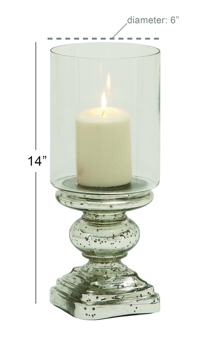 DecMode Silver Glass Handmade Turned Style Pillar Hurricane Lamp with Faux Mercury Glass Finish